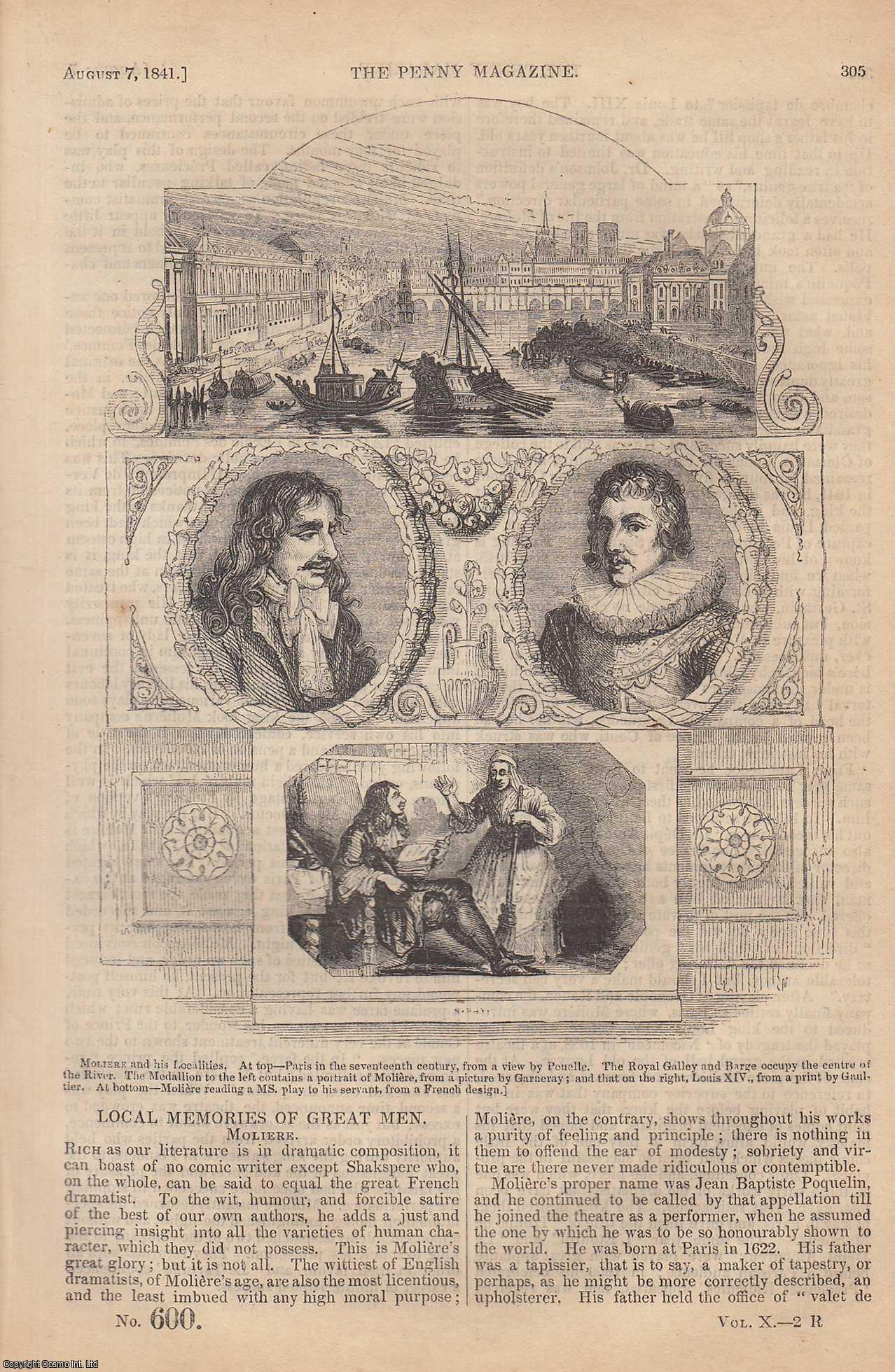 --- - Moliere (Fench Dramatist): Local Memories of Great Men; Public Records of England (courts of Law); Endemic and Epidemic Diseases (2), etc. Issue No. 600, 1841. A complete rare weekly issue of the Penny Magazine, 1841.