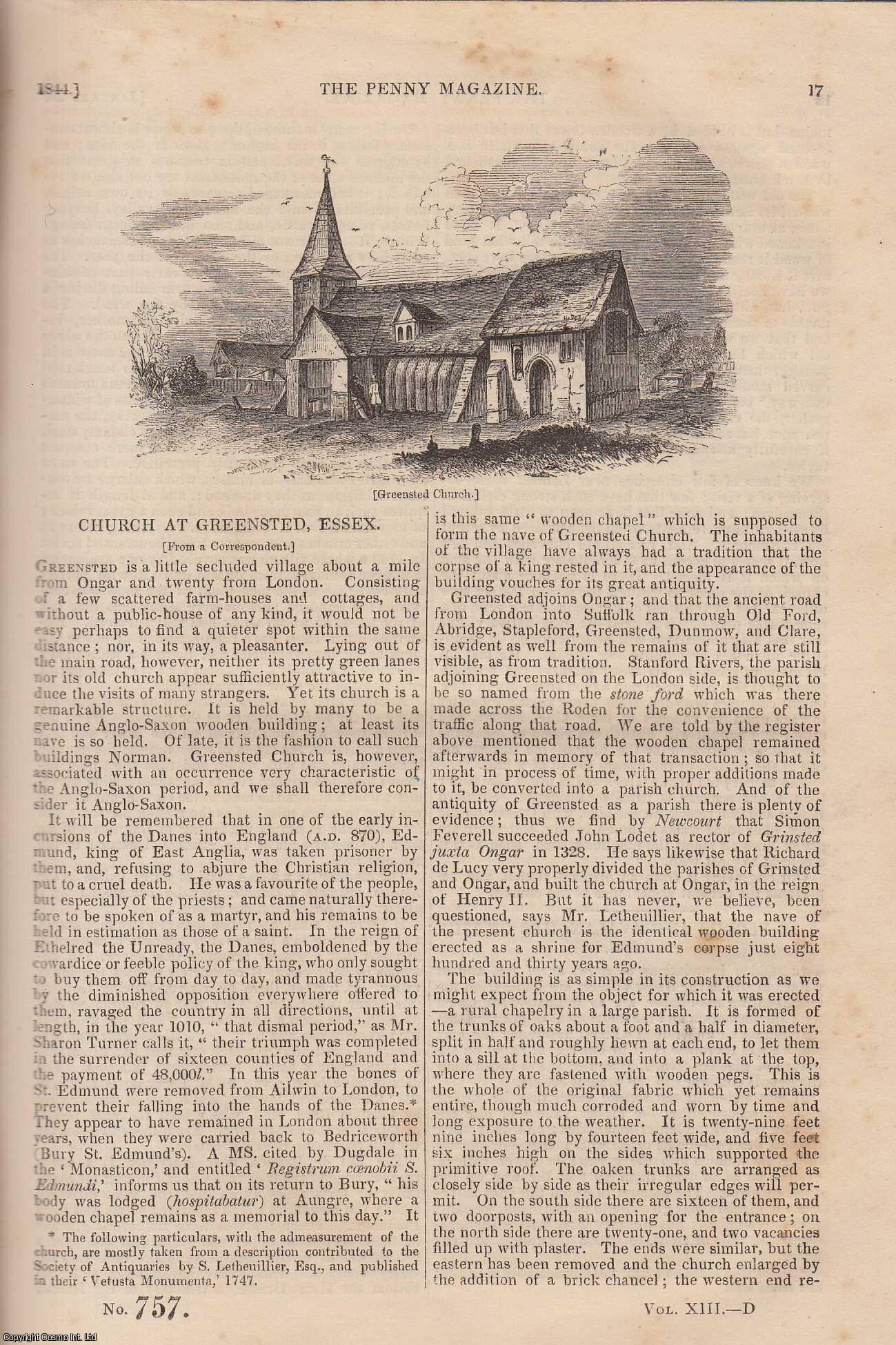 --- - The Church at Greensted, Essex; The Floods and Avalanches of The Alps; Toulouse (city in France), etc. Issue No. 757, 1844. A complete rare weekly issue of the Penny Magazine, 1844.