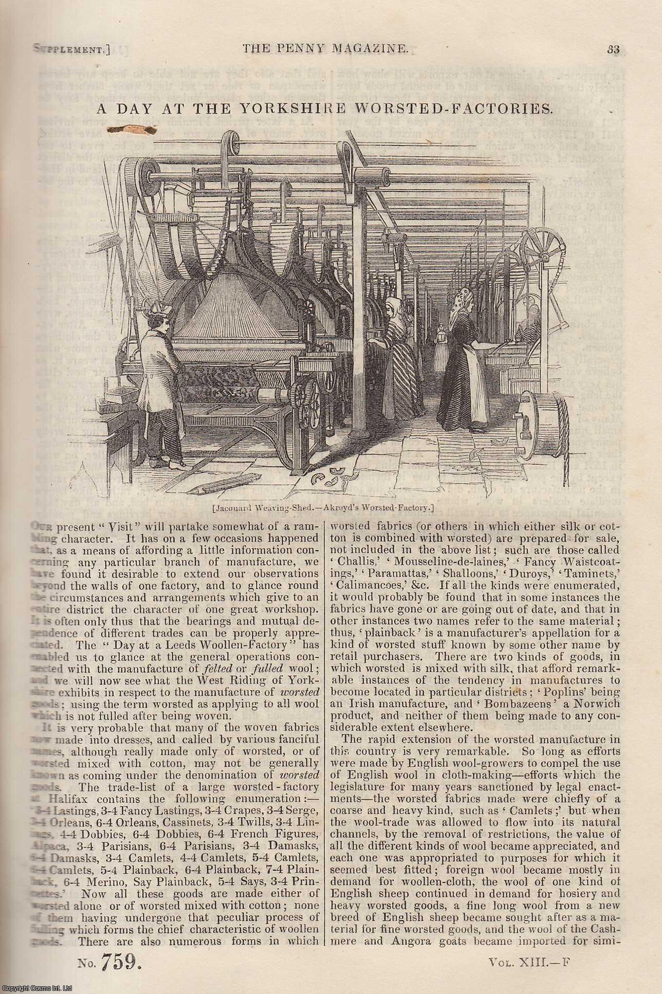 --- - A Day at The Yorkshire Akroyd's Worsted-Factories. Issue No. 759, 1844. A complete rare weekly issue of the Penny Magazine, 1844.