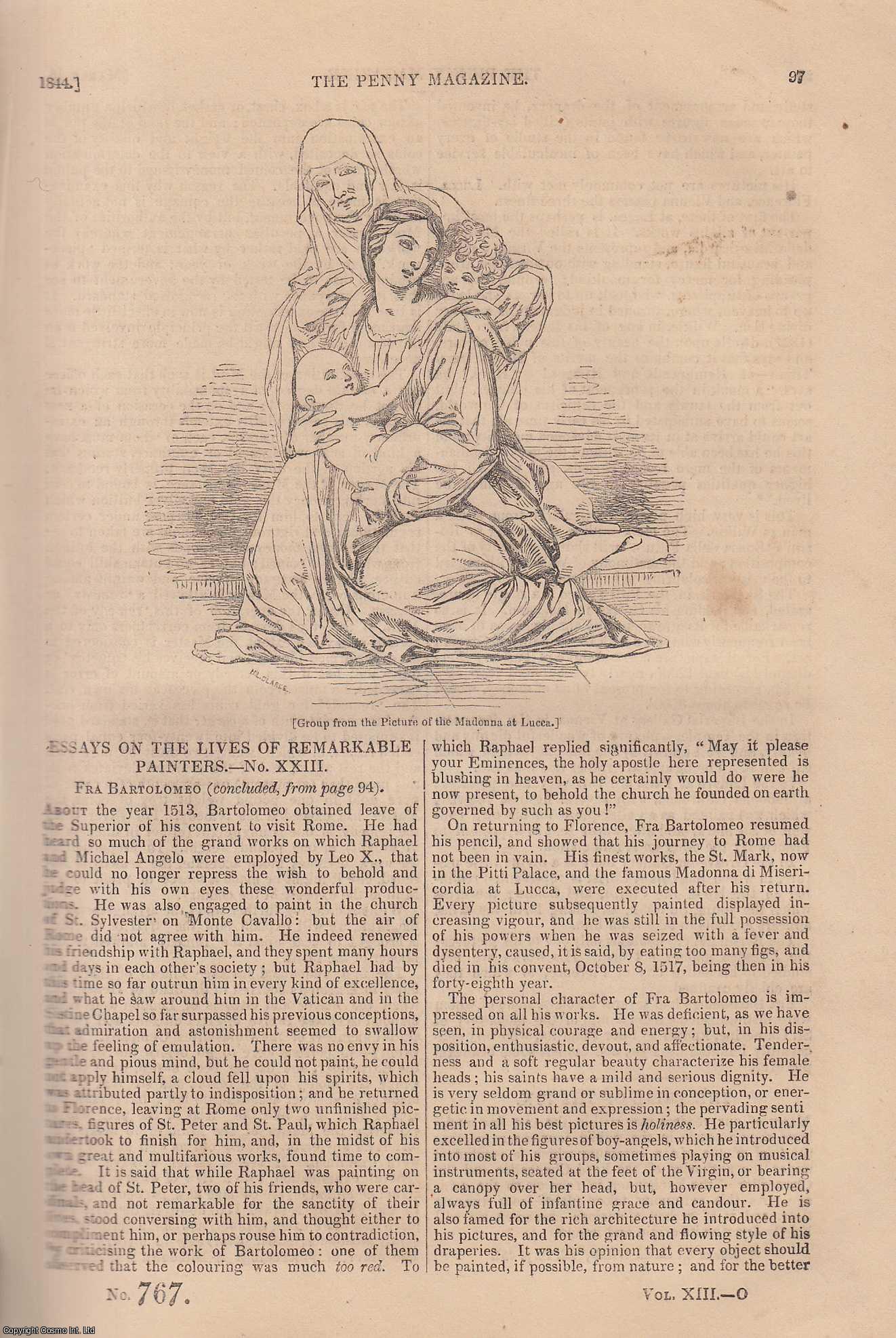 --- - Fra Bartolomeo (2), called also Baccio Della Porta and Il Frate (painter); The Trial of The Pix (coinage); The Mole Surrey, etc. Issue No. 767, 1844. A complete rare weekly issue of the Penny Magazine, 1844.