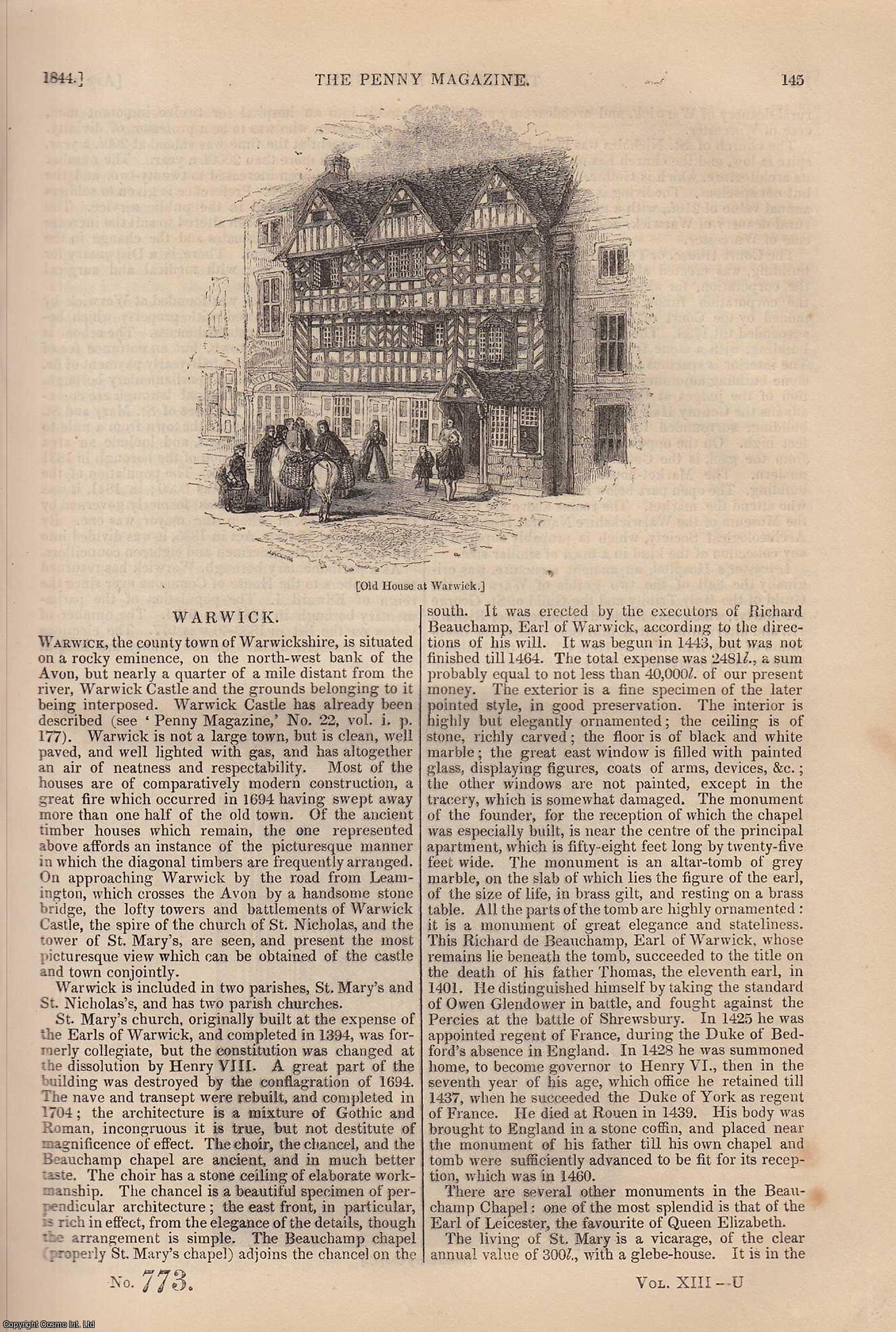 --- - Warwick (Warwickshire); Gum (resinous juice from plants); Bernard Palissy (1), etc. Issue No. 773, 1844. A complete rare weekly issue of the Penny Magazine, 1844.