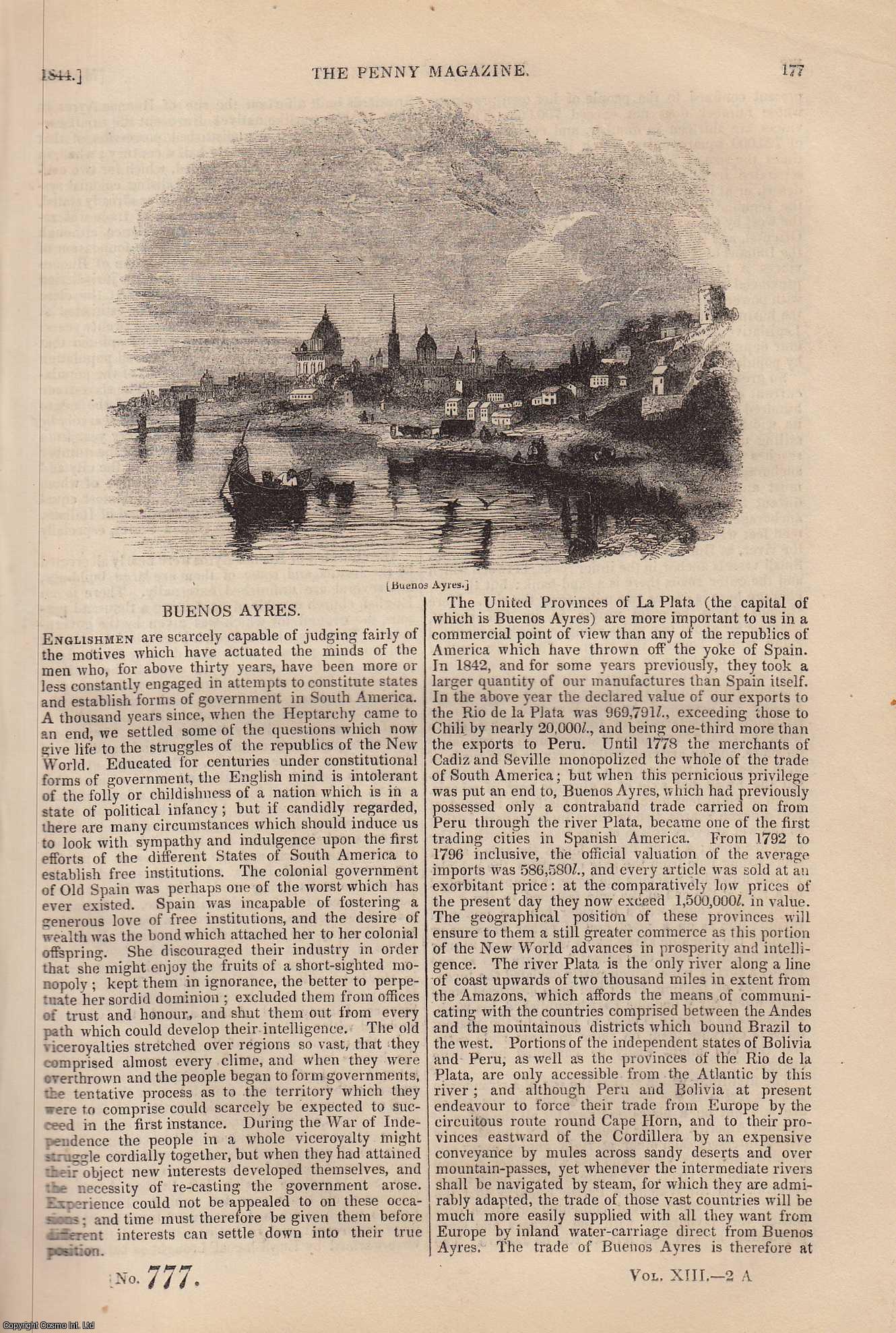 --- - Leonard Da Vinci (concl) (Painter); Buenos Ayres; Book-Clubs For All Readers, etc. Issue No. 777, 1844. A complete rare weekly issue of the Penny Magazine, 1844.