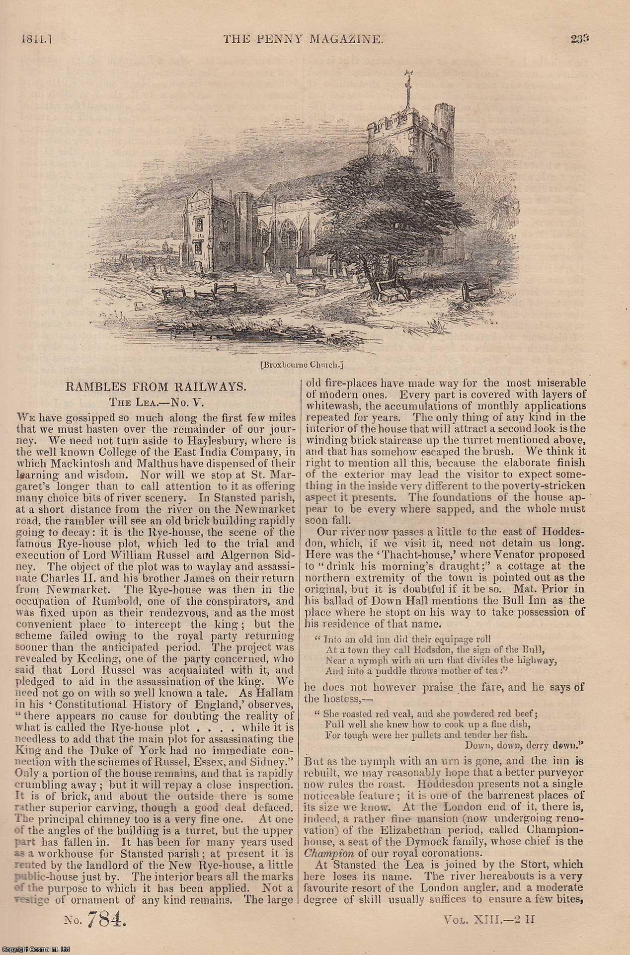 --- - The River Lea (5) (Houghton Regis); Michael Angelo (1) (Painter); Casts From Medals and Medallions; The Terms Standard (1), Sterling, and Carat (coins), etc. Issue No. 784, 1844. A complete rare weekly issue of the Penny Magazine, 1844.