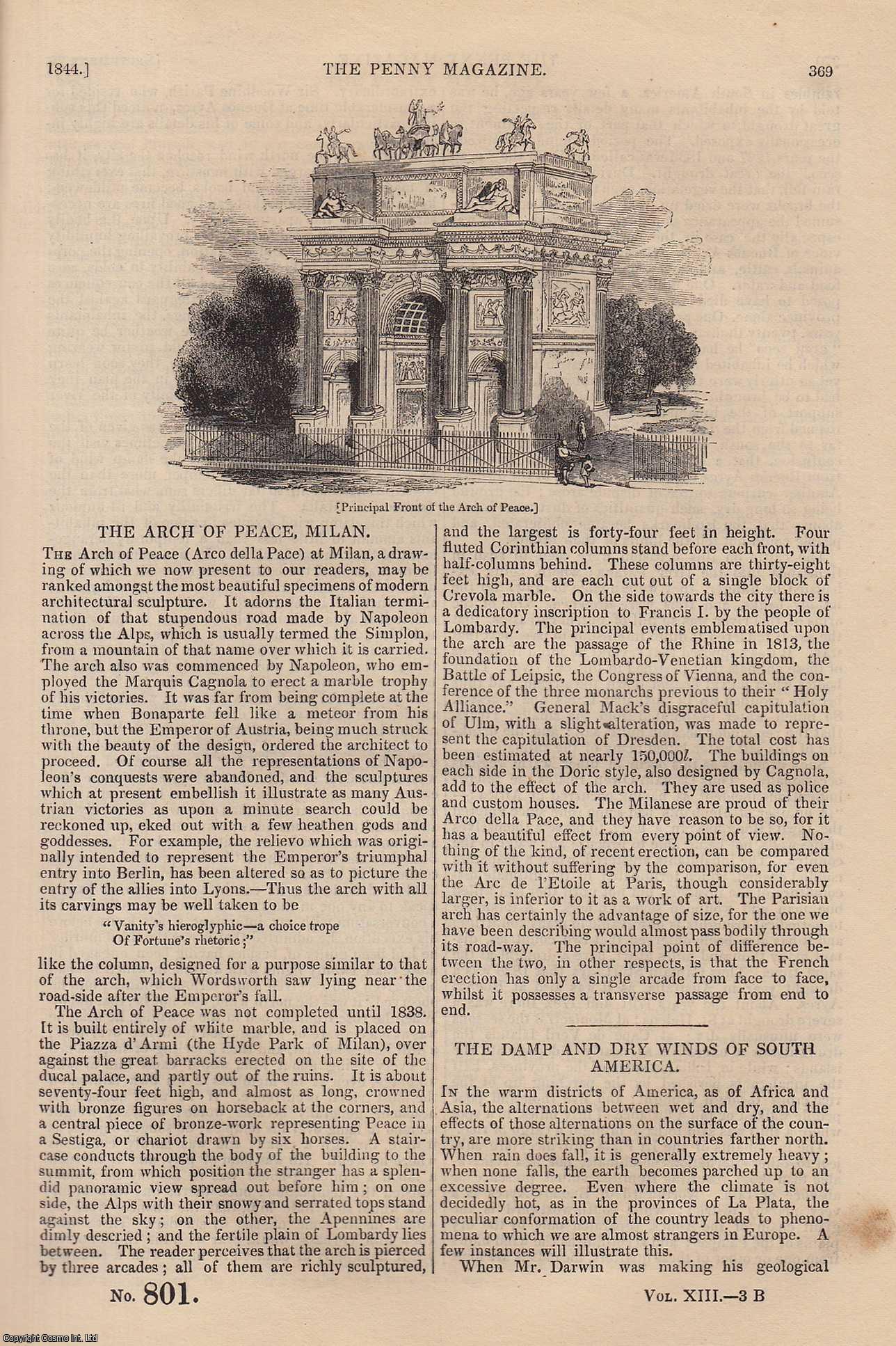 --- - The Arch of Peace, Milan; The Damp and Dry Winds of South America; The Adur, Arun, and Wey (6); The Dried Fruits of Malaga, etc. Issue No. 801, 1844. A complete rare weekly issue of the Penny Magazine, 1844.