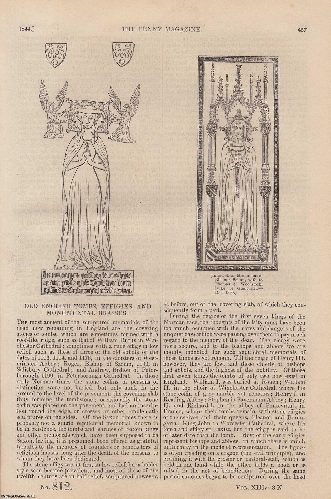 --- - Old English Tombs (1), Effigies, and Monumental Brasses; Raphael at Rome (2) (Italian painter); The Wine Districts of Italy; The Supply of Water in Turkey, etc. Issue No. 812, 1844. A complete rare weekly issue of the Penny Magazine, 1844.