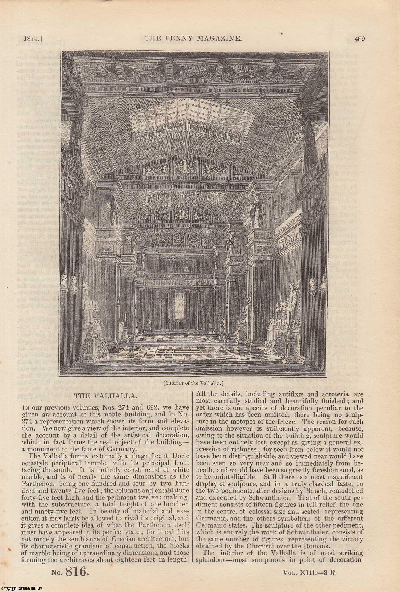 --- - Valhalla (The building of Valhalla, Germany); Raphael at Rome (3) (Italian painter); Bottle-Papers at Sea, etc. Issue No. 816, 1844. A complete rare weekly issue of the Penny Magazine, 1844.