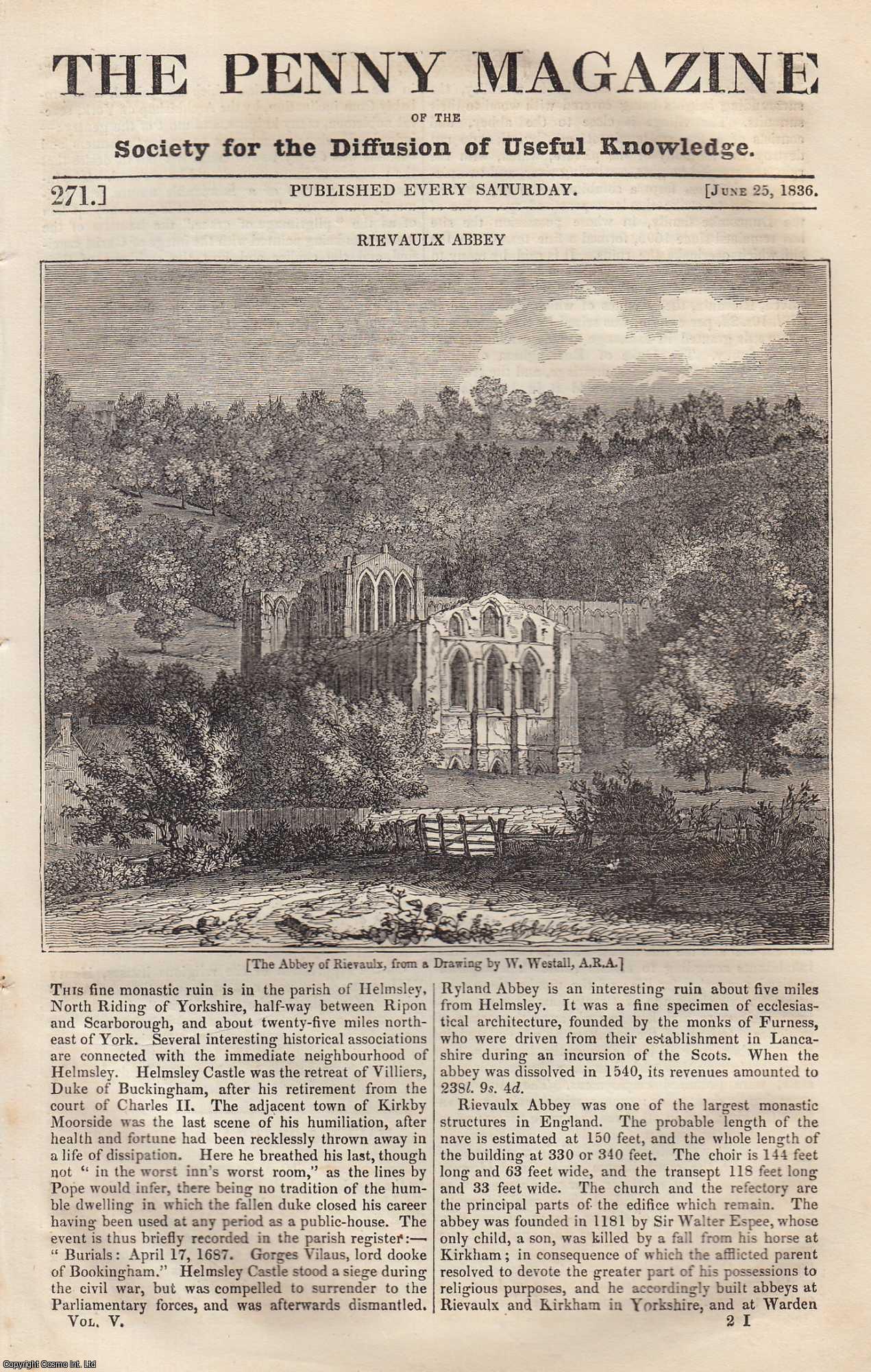 Penny Magazine - The Abbey of Rievaulx, England; Manners of The Northern Coal Miners; The Pinacothek: National Galleries For The Fine Arts of Munich, etc. Issue No. 271, 1836. A complete original weekly issue of the Penny Magazine, 1836.
