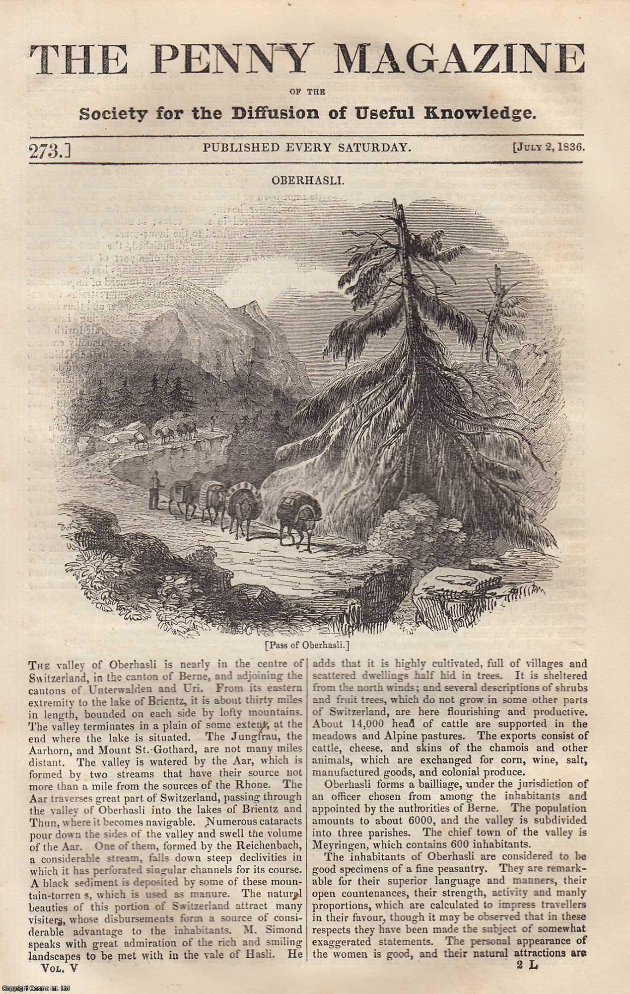 ---. - The Valley of Oberhasli (Switzerland); Cobham Hall (parish in Kent); The Pre-Sensation Which Animals Have of Changes in The Weather, etc. Issue No. 273, 1836. A complete rare weekly issue of the Penny Magazine, 1836.