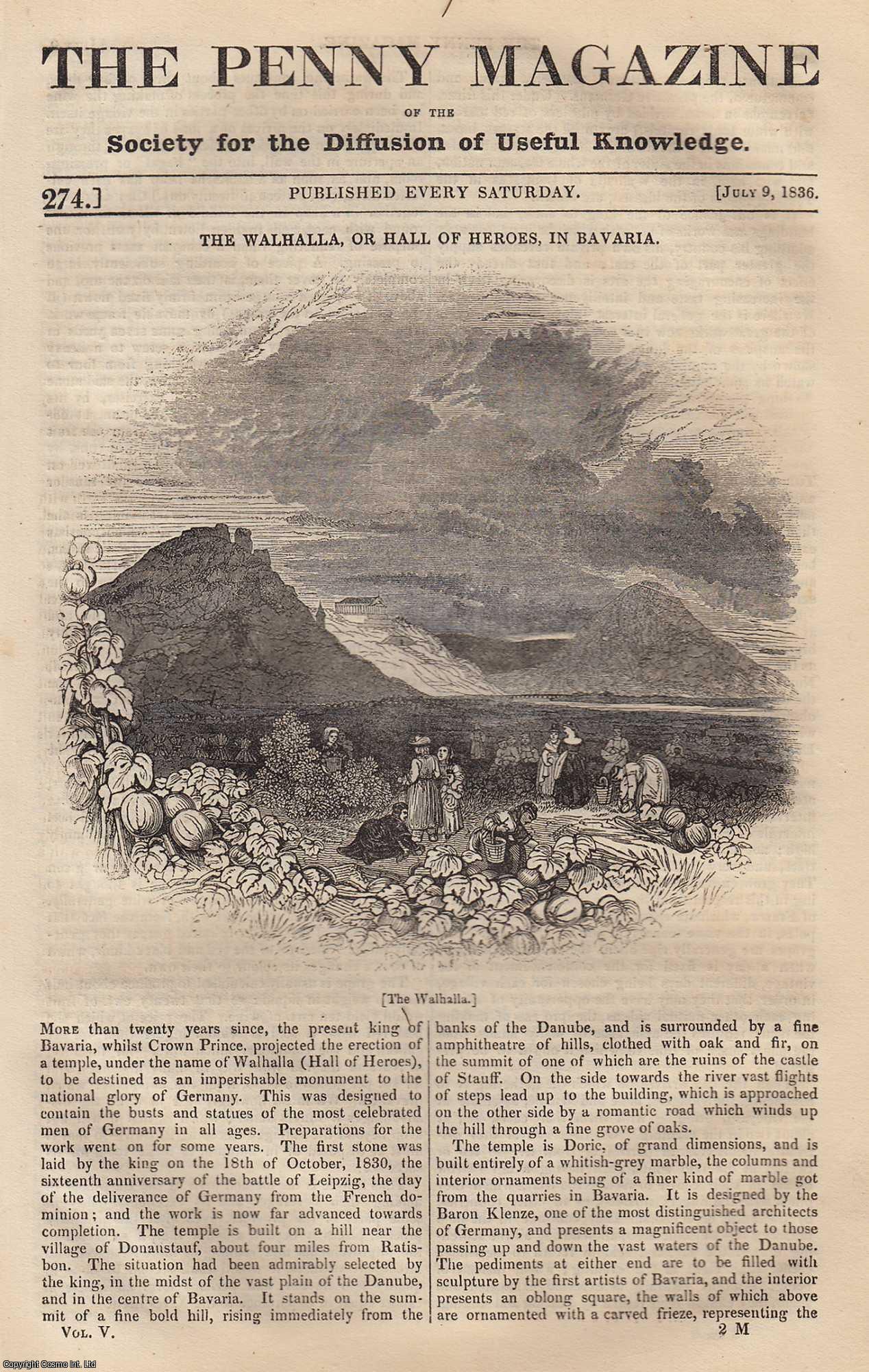 ---. - The Walhalla, or Hall of Heroes, in Bavaria; The Vintage of Castile, Spain; Household Spinning-Wheels and The First Spinning Machine; The Vicugna (llama), etc. Issue No. 274, 1836. A complete rare weekly issue of the Penny Magazine, 1836.