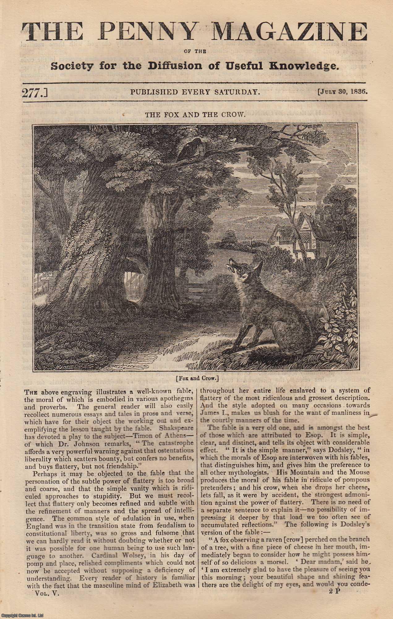 Penny Magazine - The Fox and The Crow; Feats of Swimming and Diving; English Coins (part 3); Winchester Market-Cross, etc. Issue No. 277, 1836. A complete original weekly issue of the Penny Magazine, 1836.