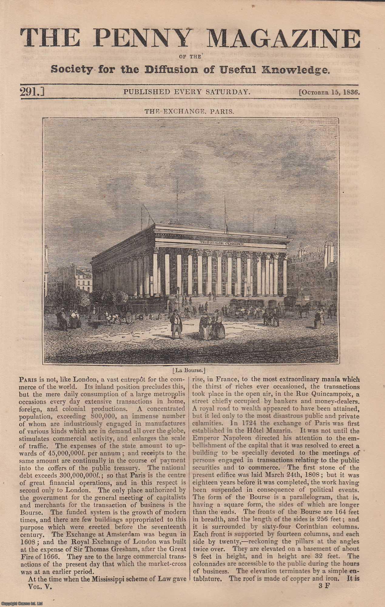 Penny Magazine - The Exchange, Paris; Newcastle-upon-Tyne Pants, or Fountains; The Falls of Niagara; Metropolitan Savings Banks; Habits of Bats (animal), etc. Issue No. 291, 1836. A complete original weekly issue of the Penny Magazine, 1836.