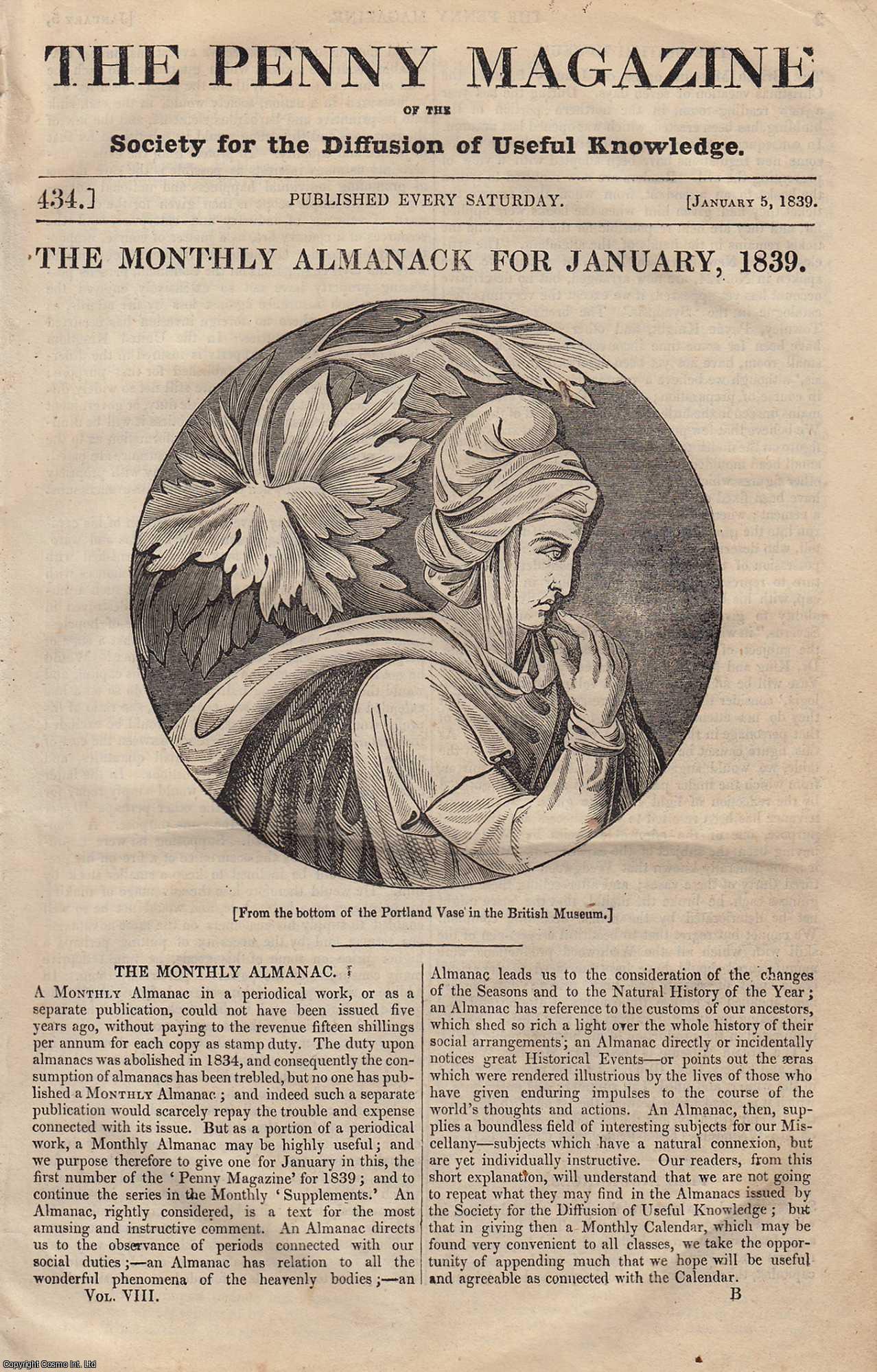 Penny Magazine - The Monthly Almanack For January, 1839; Fire Insurances; The Holly (tree), etc. Issue No. 434, 1839. A complete original weekly issue of the Penny Magazine, 1839.