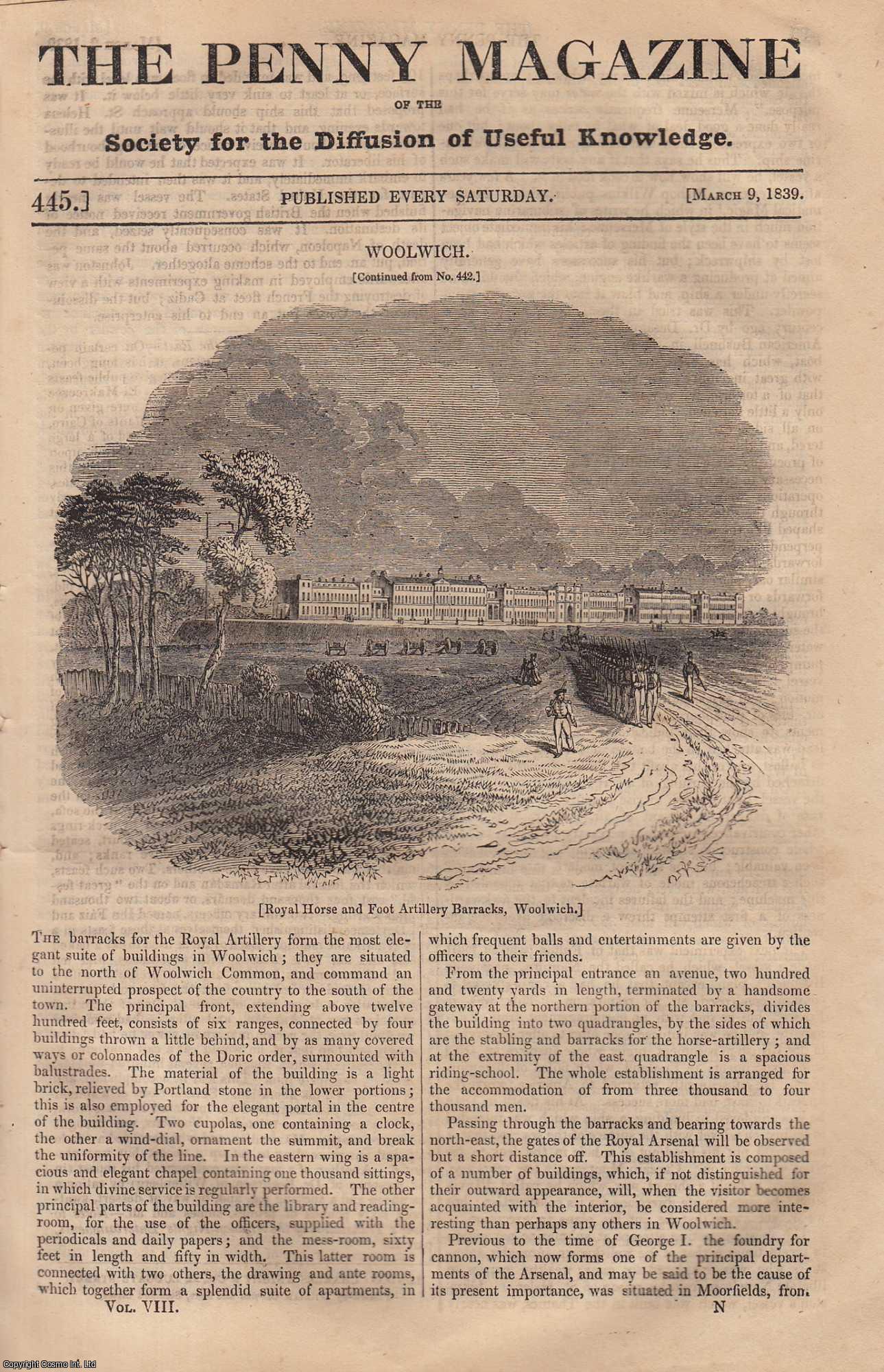 Penny Magazine - Woolwich (part 2) (Grand Military & Naval Depot for England); Progress of Steam Navigation; Progress of The Art of Illuminating Manuscripts (part 4), etc. Issue No. 445, 1839. A complete original weekly issue of the Penny Magazine, 1839.