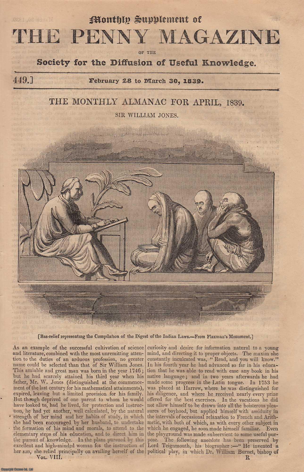 ---. - Sir William Jones (Asiatic Society of Bengal); The Cuckoo (bird); Utility of The Earth-Worm, etc. Issue No. 449, 1839. A complete rare weekly issue of the Penny Magazine, 1839.