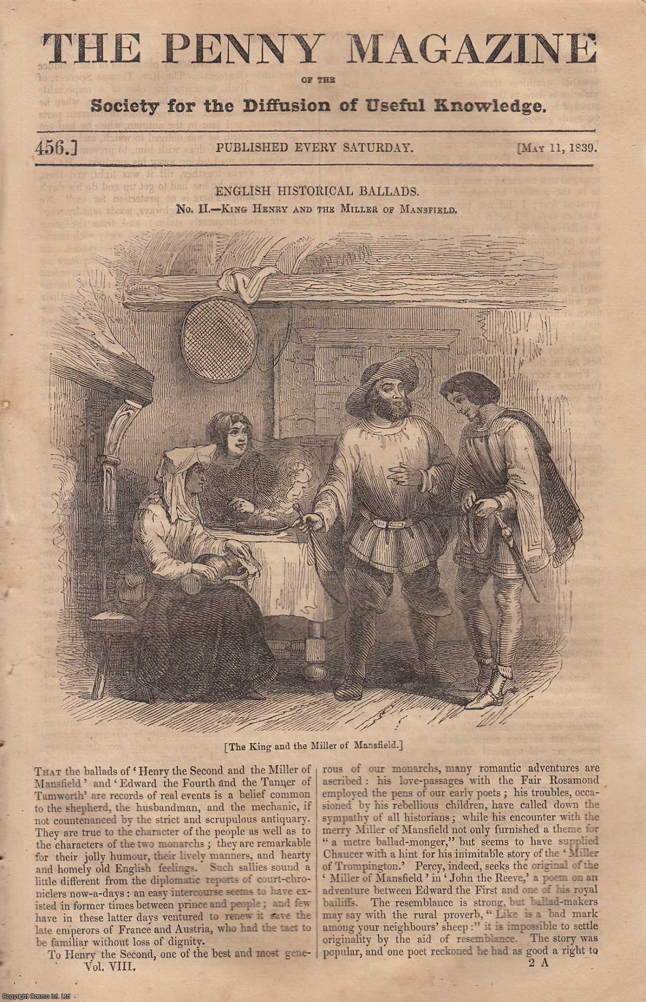 Penny Magazine - King Henry and The Miller of Mansfield (English Historical Ballads); Bedford (Bedford School); Whirlpools (Sea or Ocean), etc. Issue No. 456, 1839. A complete original weekly issue of the Penny Magazine, 1839.