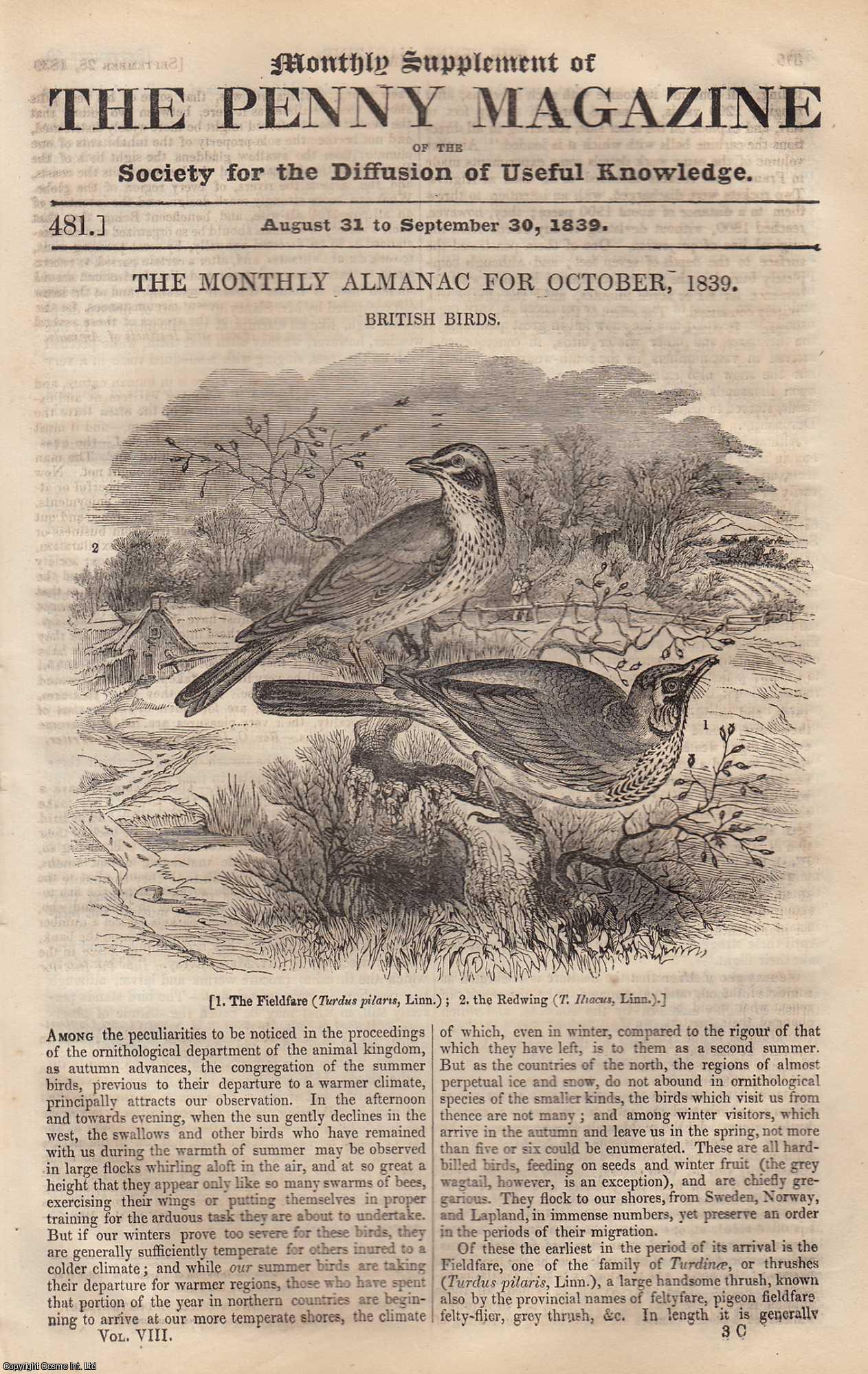 ---. - Sir Philip Sidney (English Poet);British Birds (part 4); Preservation of Fruits, etc. Issue No. 481, 1839. A complete rare weekly issue of the Penny Magazine, 1839.