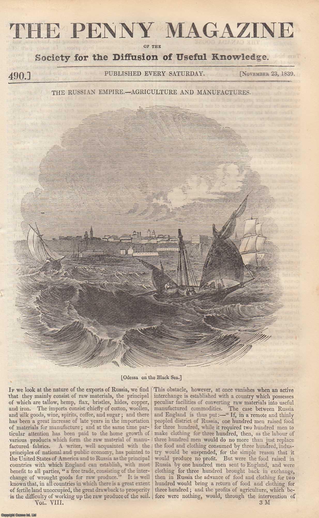 ---. - The Russian Empire: Agriculture & Manufactures (part 1); The Castle of Arques (part 1) (Normandy): Sculpture (human figures in various materials), etc. Issue No. 490, 1839. A complete rare weekly issue of the Penny Magazine, 1839.