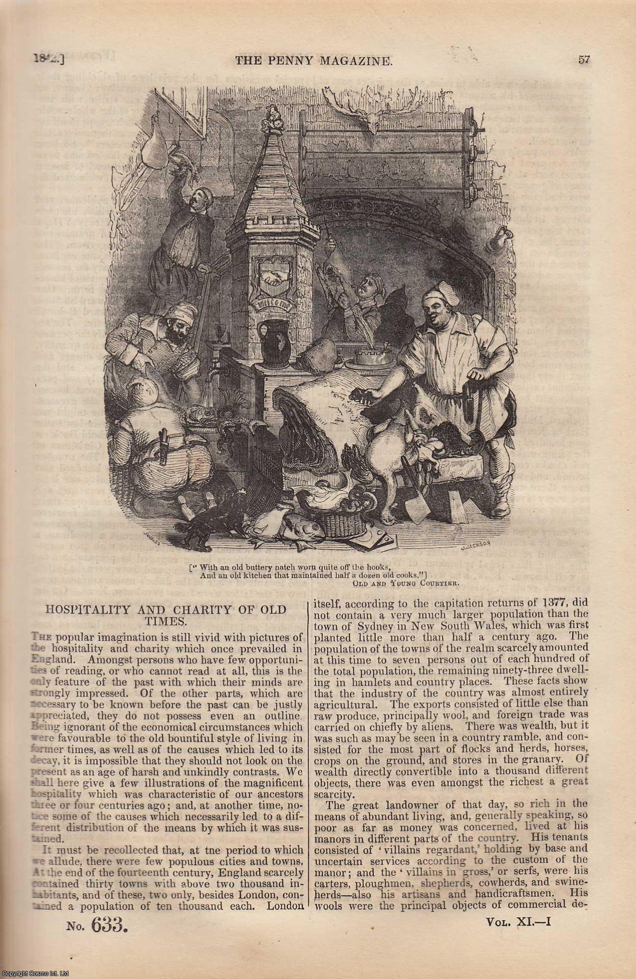 ---. - Hospitality and Charity of Old Times; The Elm Tree; Southern Aborigines of South America (part 2); The Domestic Wines of The Americans, etc. Issue No. 633, 1842. A complete rare weekly issue of the Penny Magazine, 1842.