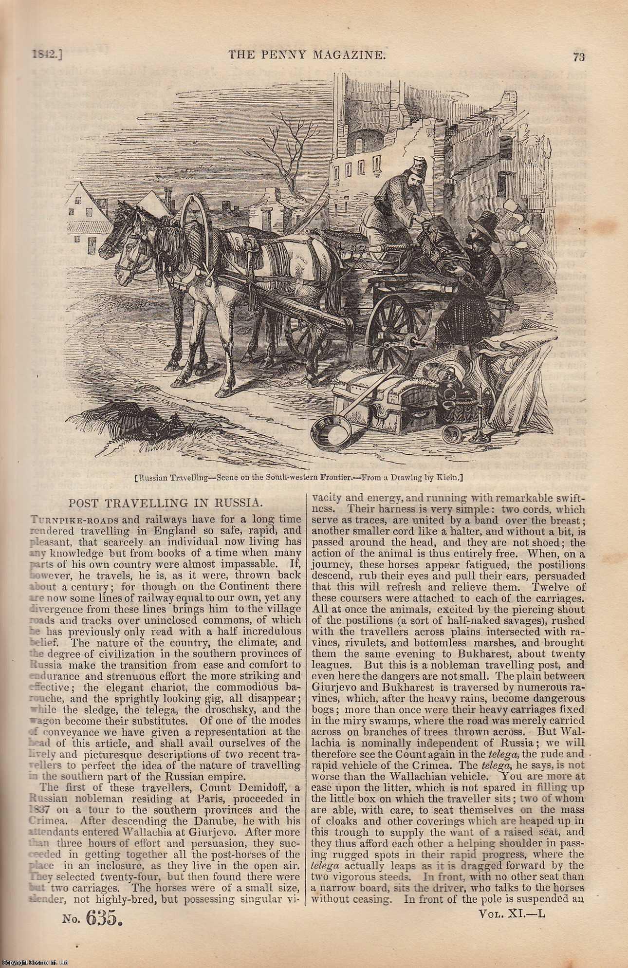 ---. - Post Travelling in Russia; The Polygars of Tinnevelly; Slates, Slaters, and Slating; The Colour of The Ocean, etc. Issue No. 635, 1842. A complete rare weekly issue of the Penny Magazine, 1842.