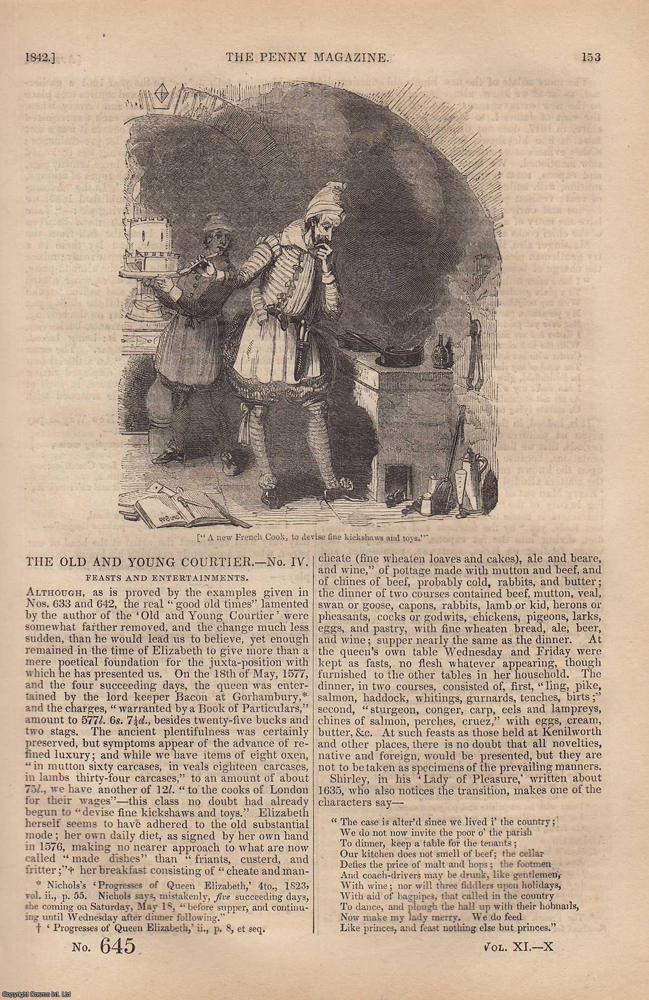 ---. - Feasts and Entertainments (The Old and Young Courtier); Herne's Oak Tree (Windsor); The Thames Pike (angling), etc. Issue No. 645, 1842. A complete rare weekly issue of the Penny Magazine, 1842.