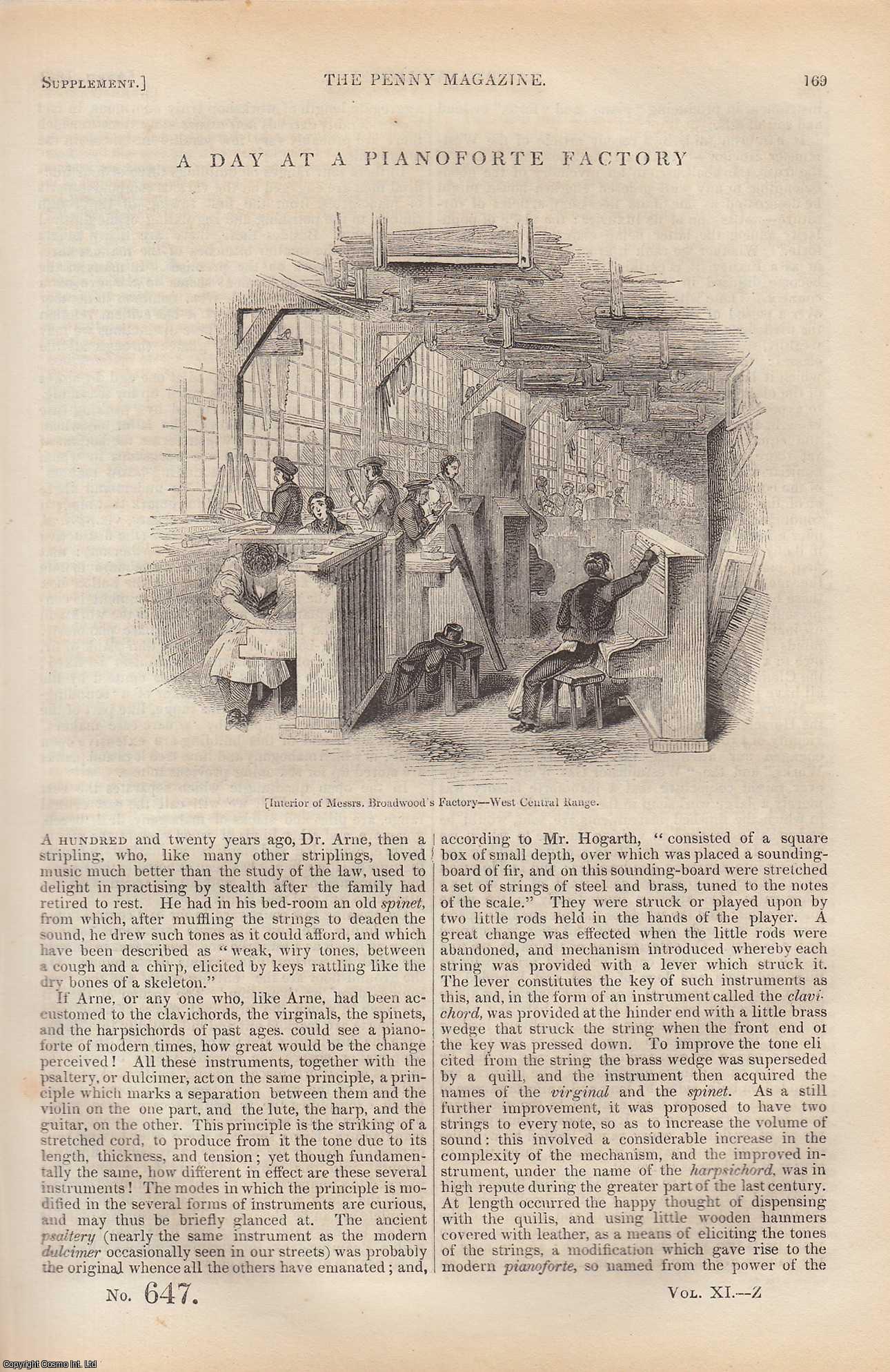 ---. - A Day at a Pianoforte Factory (Broadwood). Issue No. 647, 1842. A complete rare weekly issue of the Penny Magazine, 1842.