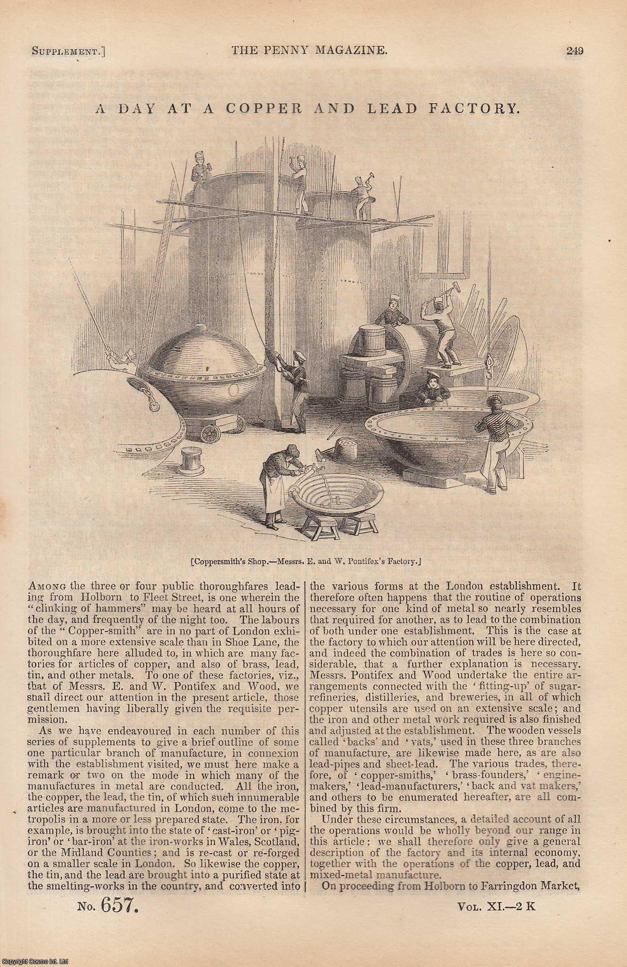 ---. - A Day at a Copper and Lead Factory (London). Issue No. 657, 1842. A complete rare weekly issue of the Penny Magazine, 1842.