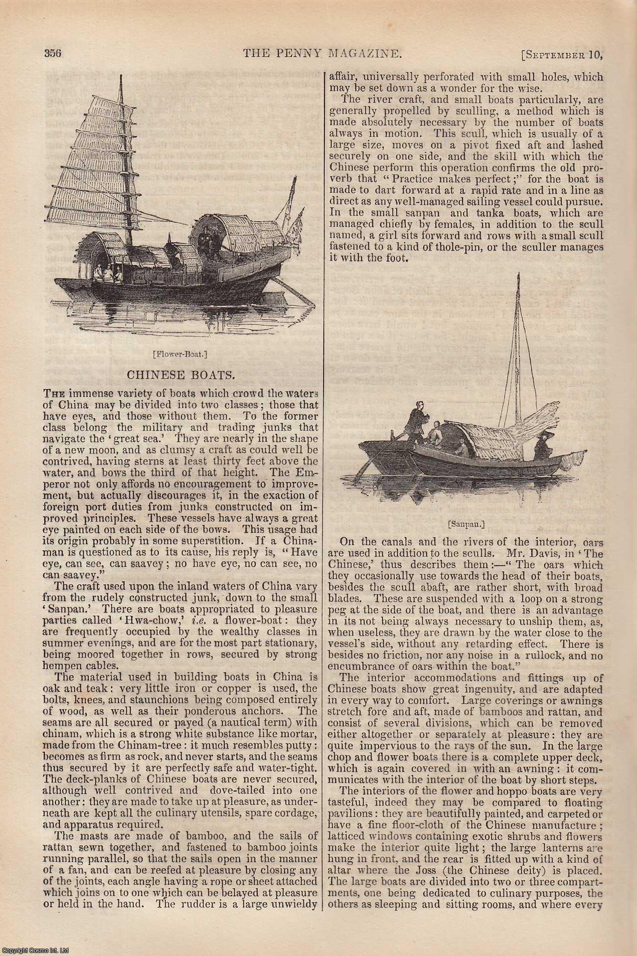 ---. - Chinese Boats; The Nature and Manufacture of Velvet; Rivers, Geographically Considered (part 3), etc. Issue No. 670, 1842. A complete rare weekly issue of the Penny Magazine, 1842.