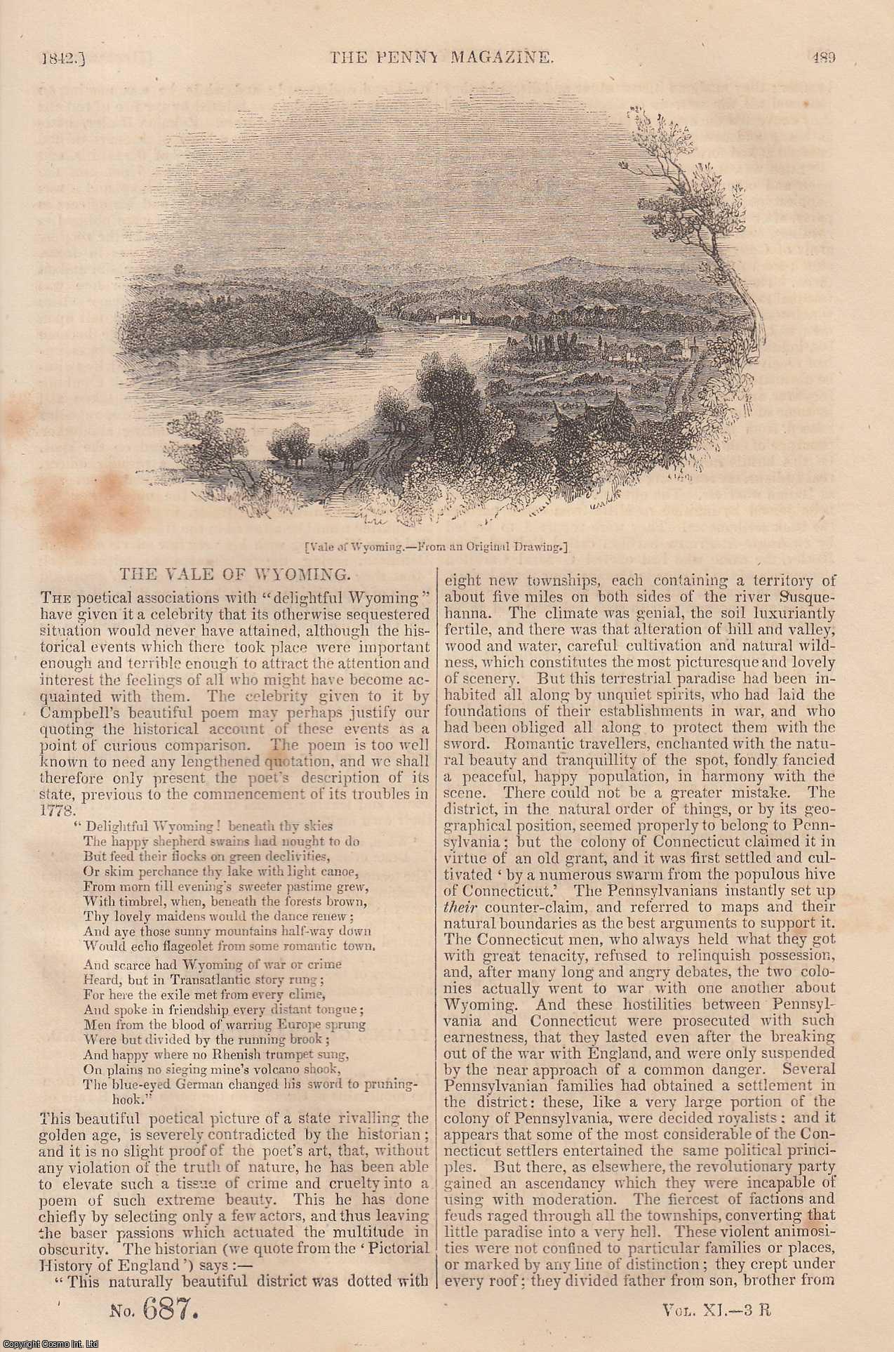 ---. - The Vale of Wyoming; Plains (dry land), Geographically Considered (concl); Medal or Relief Engraving, etc. Issue No. 687, 1842. A complete rare weekly issue of the Penny Magazine, 1842.