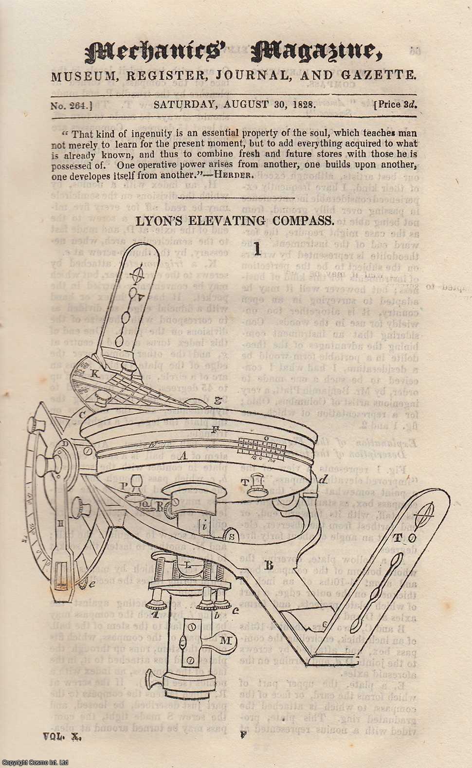 Mechanics Magazine - Lyon's Elevating Compass; Drying Grain; Skene's Steam-Boat Paddle Wheel; Hint of a Method of Obtaining a Measure of Longitude, etc. Mechanics Magazine, Museum, Register, Journal and Gazette. Issue No. 264. A complete rare weekly issue of the Mechanics' Magazine, 1828.