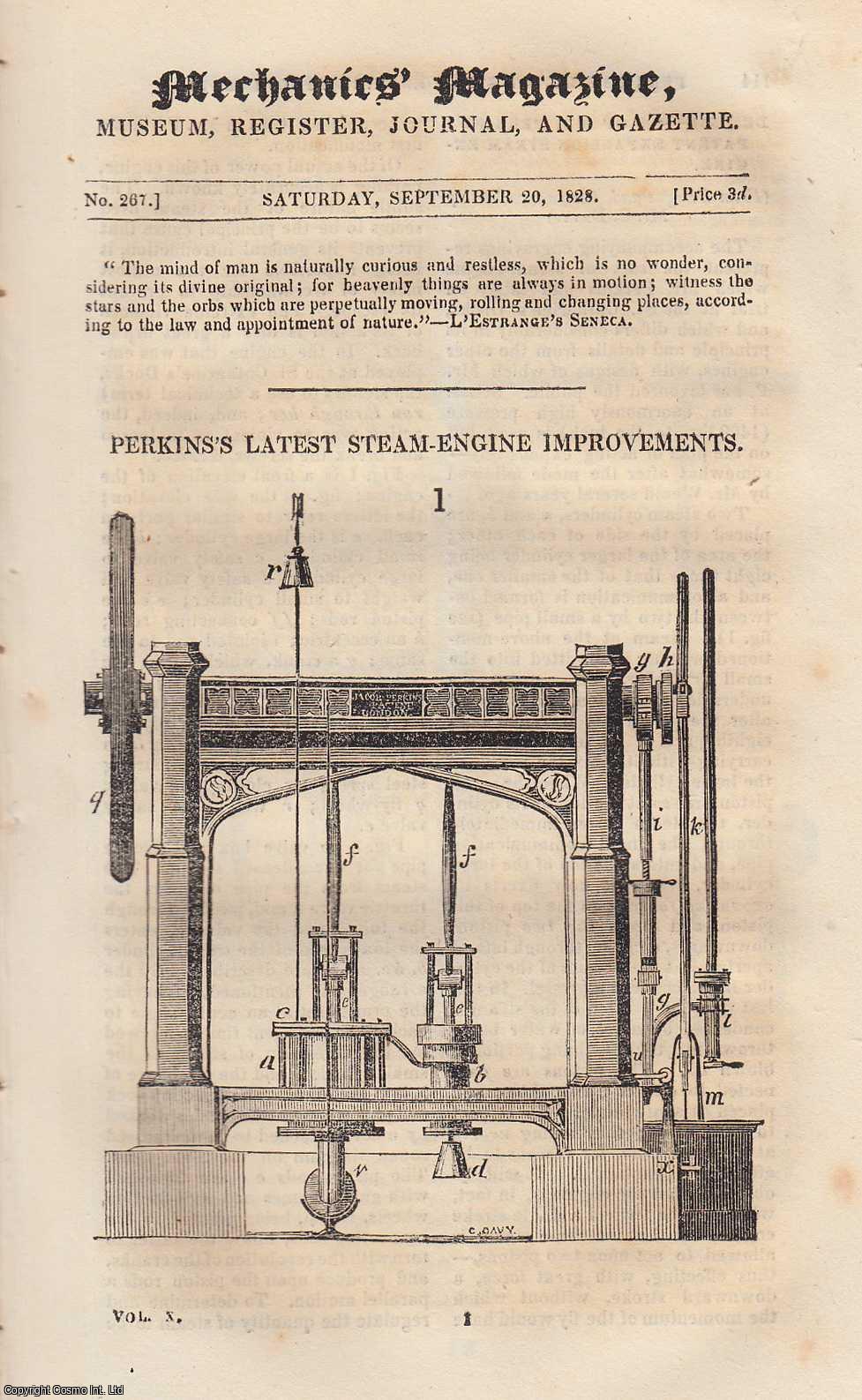 MECHANICS MAGAZINE - Perkins's Latest Steam-Engine Improvements; Value of Diamonds; The Formation of Figures of Proportional Areas; Removal of Smithfield Market, etc. Mechanics Magazine, Museum, Register, Journal and Gazette. Issue No. 267. A complete rare weekly issue of the Mechanics' Magazine, 1828.