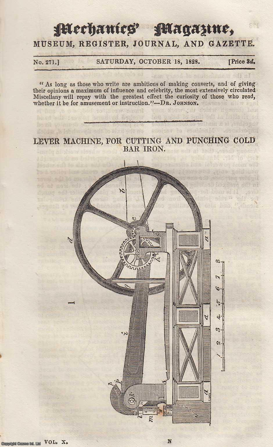 ---. - Improved Rain Gauge; Lever Machine, For Cutting and Punching Cold Bar Iron; Filteration of Water; Luminous Insects, etc. Mechanics Magazine, Museum, Register, Journal and Gazette. Issue No. 271. A complete rare weekly issue of the Mechanics' Magazine, 1828.