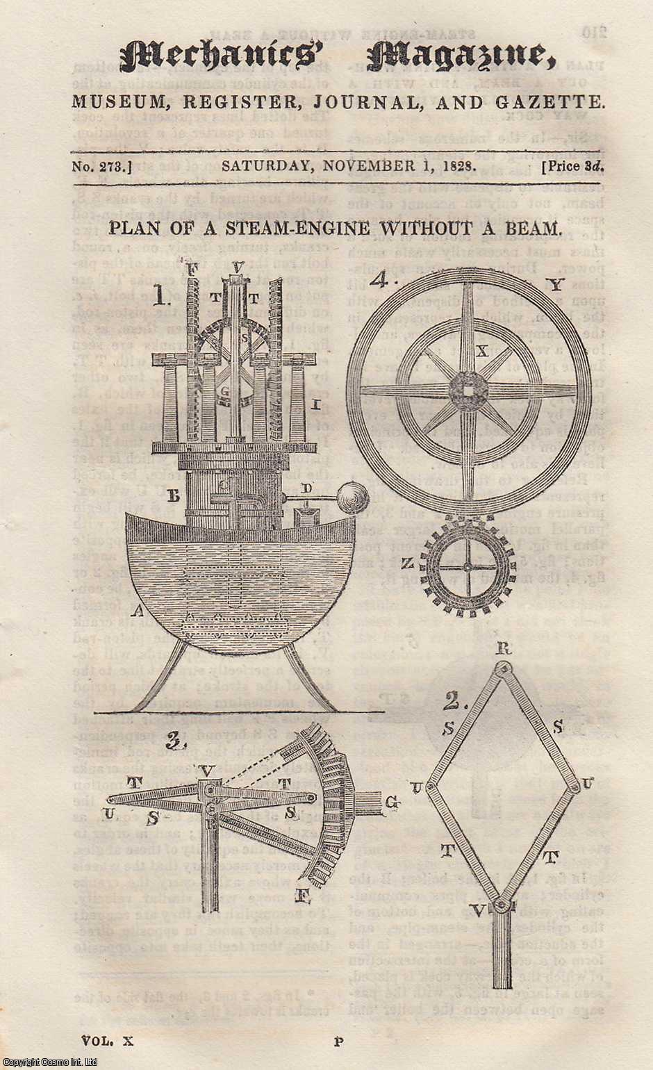 ---. - Plan of a Steam-Engine Without a Beam; Nose Pipe Joint For Fire-Engines; Steam Tug Boats, etc. Mechanics Magazine, Museum, Register, Journal and Gazette. Issue No. 273. A complete rare weekly issue of the Mechanics' Magazine, 1828.