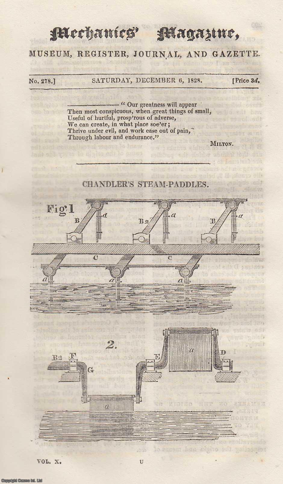 ---. - Chandler's Steam-Paddles; Lighting Conductors; Temporary Paper Frame; Causes of Variation in Church Clocks; Artificial Production of Real Diamonds, etc. Mechanics Magazine, Museum, Register, Journal and Gazette. Issue No. 278. A complete rare weekly issue of the Mechanics' Magazine, 1828.