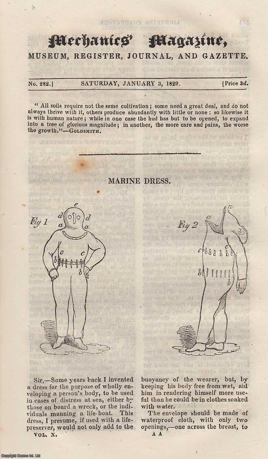 ---. - Marine Dress; The Kaleidoscope; Perpetual Motion by Magnetism; The Crystallisation of Gold; The Variations in The Rate of Church Clocks, etc. Mechanics Magazine, Museum, Register, Journal and Gazette. Issue No. 282. A complete rare weekly issue of the Mechanics' Magazine, 1829.