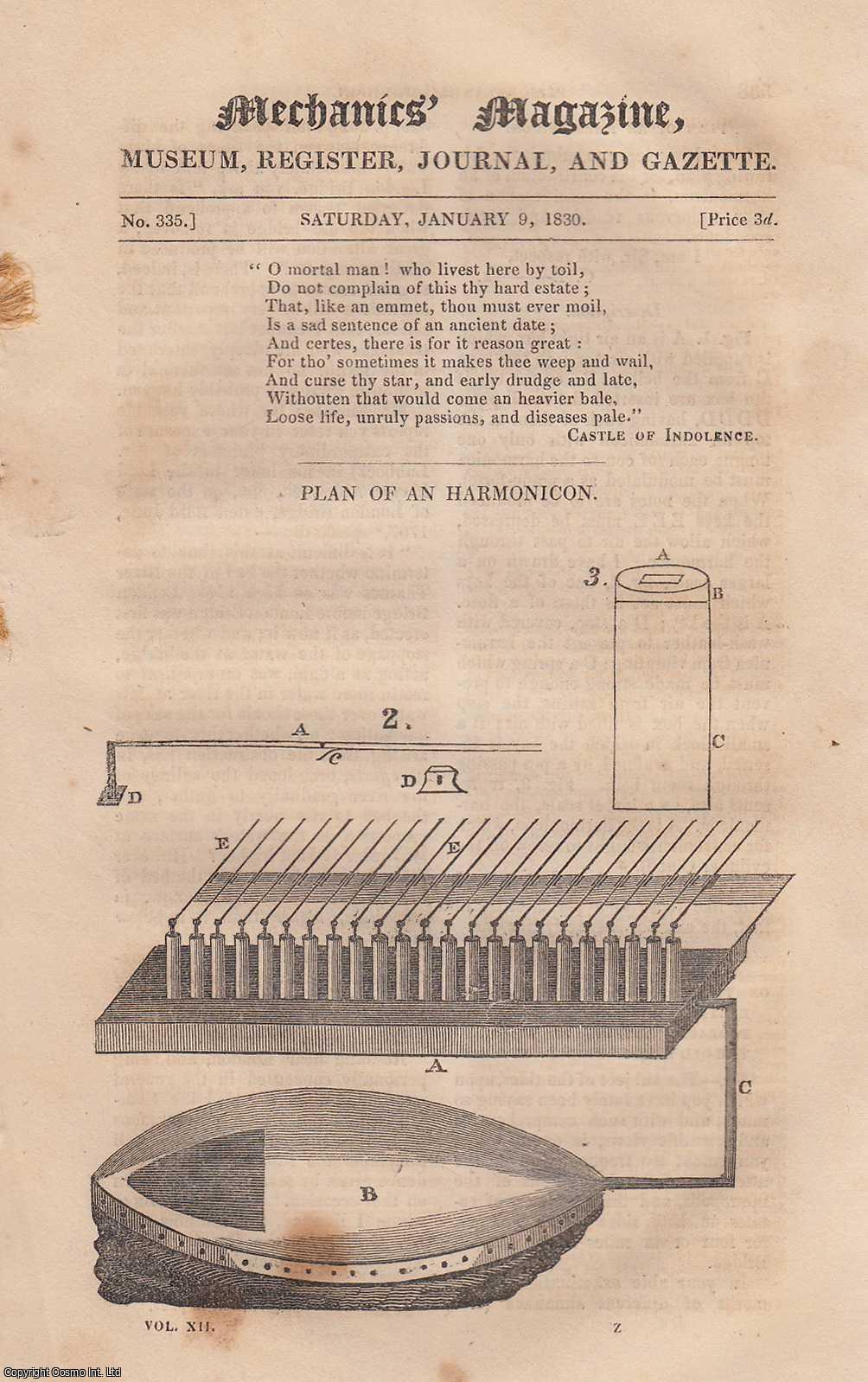  - Plan of an Harmonicon; Improved Steam-Boat Paddle in Actual Use; Purifying Oil Bright's Shadowless Lamp; Winans Patent Wheel, etc. Mechanics Magazine, Museum, Register, Journal and Gazette. Issue No. 335. A complete rare weekly issue of the Mechanics' Magazine, 1830.
