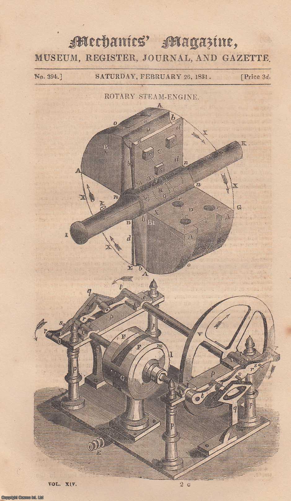 --- - Rotary Steam-Engine; Sky-Rockets; Water-Proof Coating; Instrument For Expeditiously Drawing a Line at Any Angle to Another, etc. Mechanics Magazine, Museum, Register, Journal and Gazette. Issue No. 394. A complete rare weekly issue of the Mechanics' Magazine, 1831.