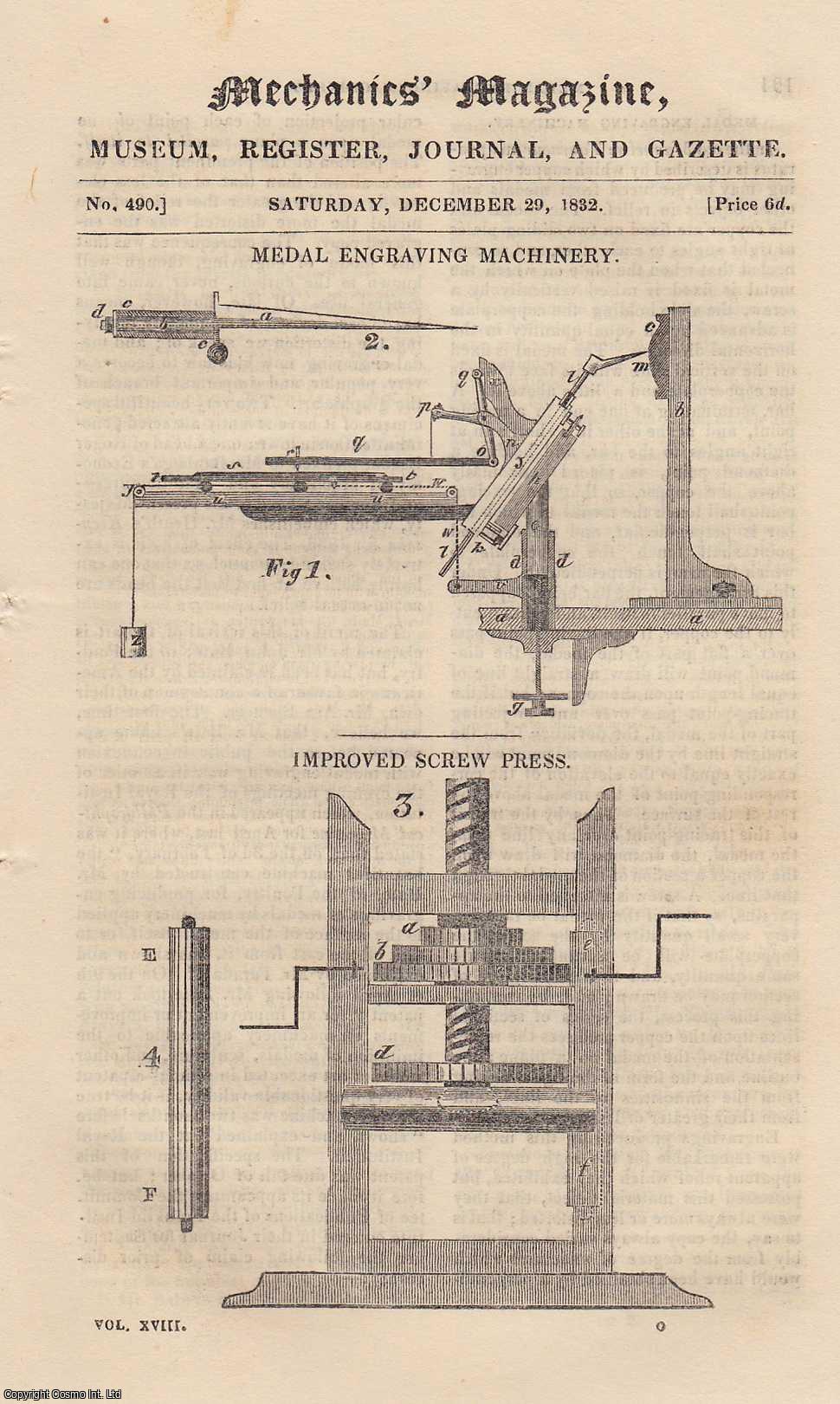 --- - Medal Engraving Machinery; Ericsson's Steam-Engine & Water-Wheel; Experiments on The Nature of Heat; Proposal For a Combination of Rail-Roads With Canals; Mudie's Theory of The Dry Rot, etc. Mechanics Magazine, Museum, Register, Journal and Gazette. Issue No. 490. A complete rare weekly issue of the Mechanics' Magazine, 1832.