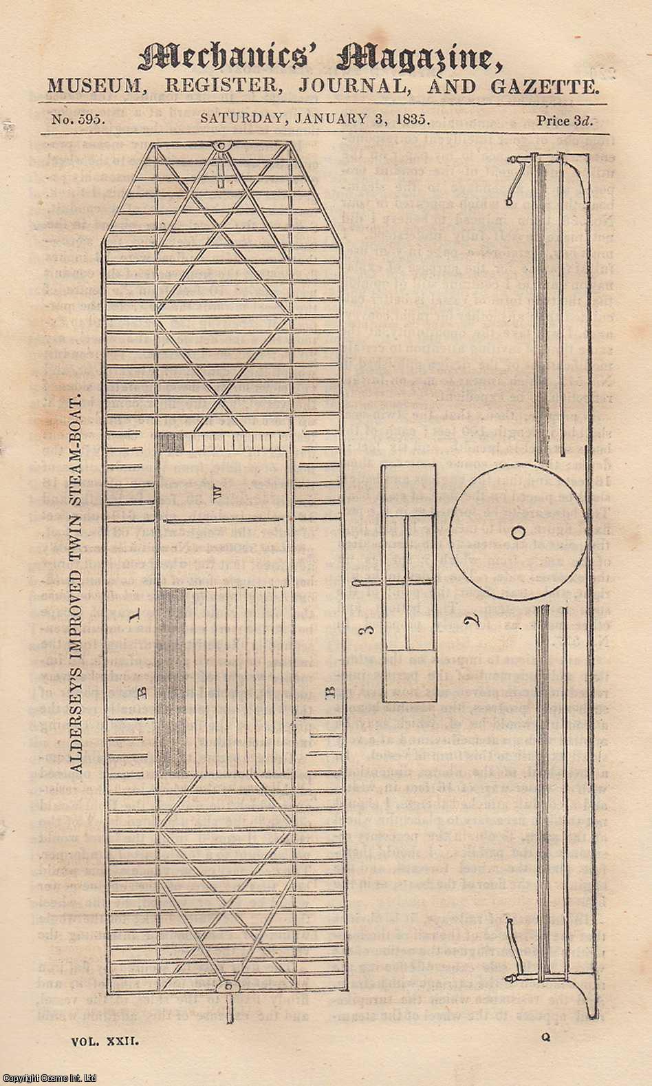 MECHANICS MAGAZINE - Aldersey's Improved Twin Steam-Boat; Lord Dundonald's Rotary-Engine; Philosophy of Vegetation; India & its Capabilities, etc. Mechanics Magazine, Museum, Register, Journal and Gazette. Issue No. 595. A complete rare weekly issue of the Mechanics' Magazine, 1835.