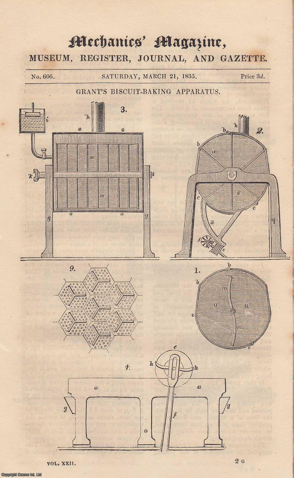 MECHANICS MAGAZINE - Grant's Biscuit-Baking Apparatus; The Greenwich Railway; The Undulating Railway System, etc. Mechanics Magazine, Museum, Register, Journal and Gazette. Issue No. 606. A complete rare weekly issue of the Mechanics' Magazine, 1835.