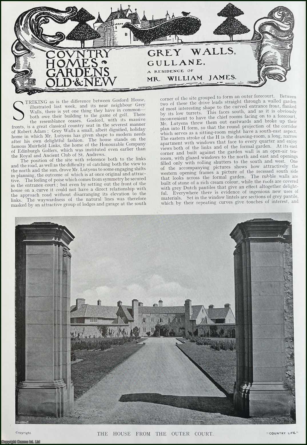 Country Life Magazine - Grey Walls, Gullane. Several pictures and accompanying text, removed from an original issue of Country Life Magazine, 1911.