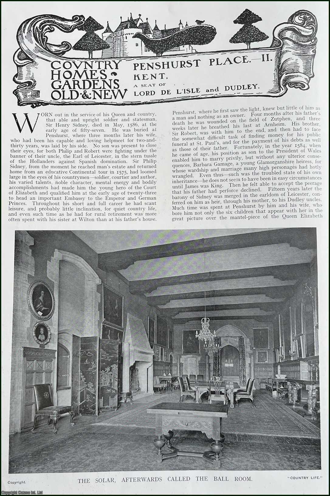 Country Life Magazine - Penshurst Place, Kent. A Seat of Lord De Lisle & Dudley. Several pictures and accompanying text, removed from an original issue of Country Life Magazine, 1911.