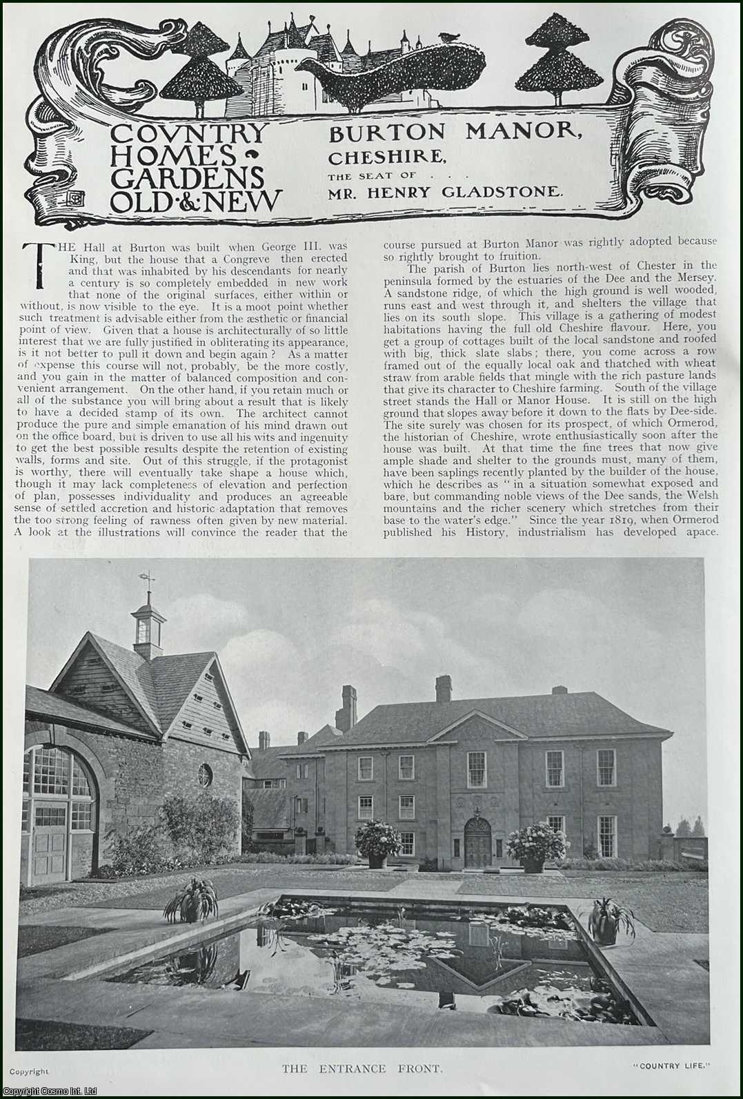 Country Life Magazine - Burton Manor, Cheshire. Several pictures and accompanying text, removed from an original issue of Country Life Magazine, 1912.