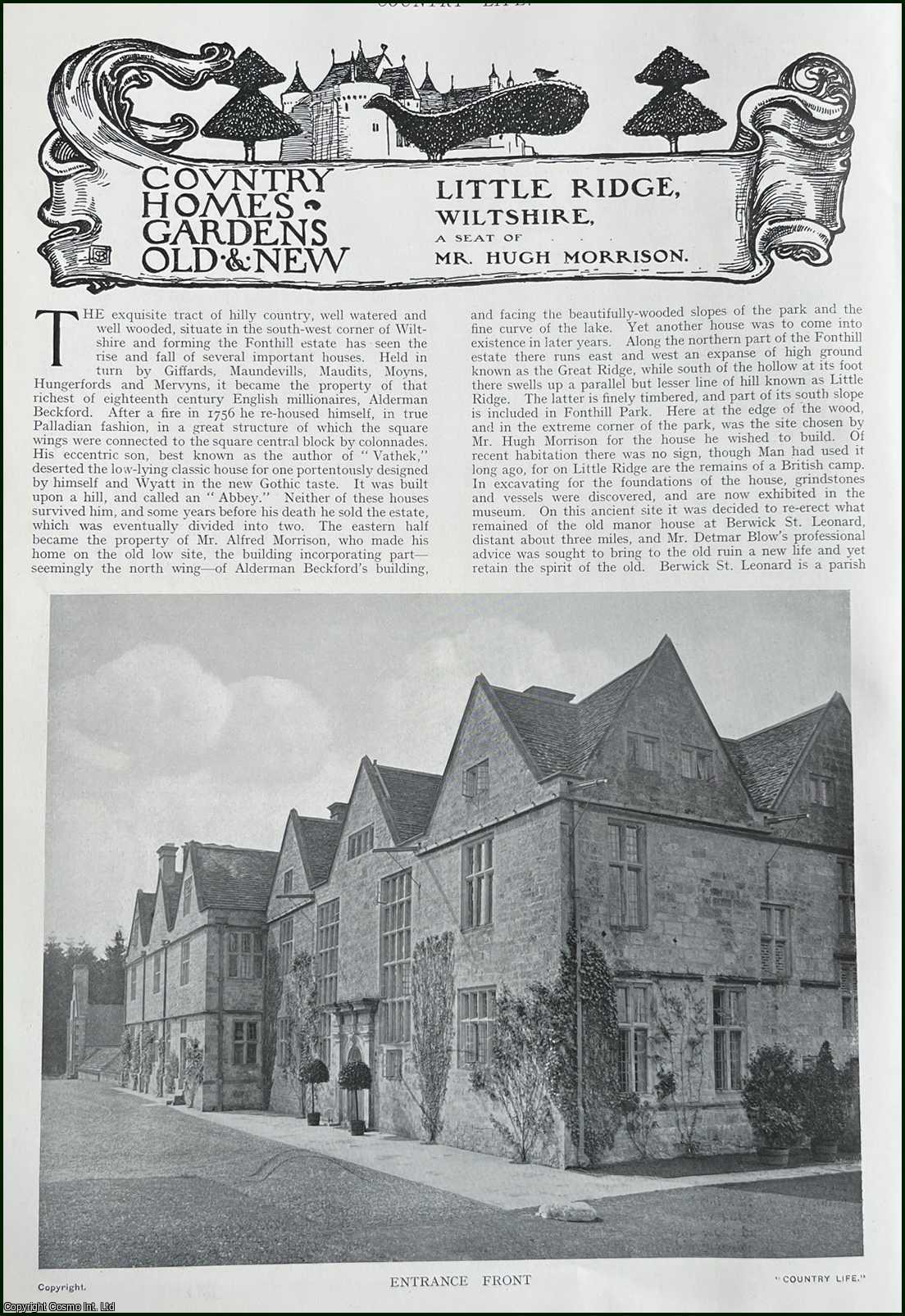 Country Life Magazine - Little Ridge, Wiltshire. A Seat of Mr. Hugh Morrison. Several pictures and accompanying text, removed from an original issue of Country Life Magazine, 1912.
