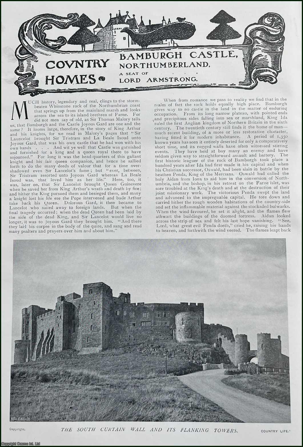 Country Life Magazine - Bamburgh Castle, Northumberland. A Seat of Lord Armstrong. Several pictures and accompanying text, removed from an original issue of Country Life Magazine, 1908.
