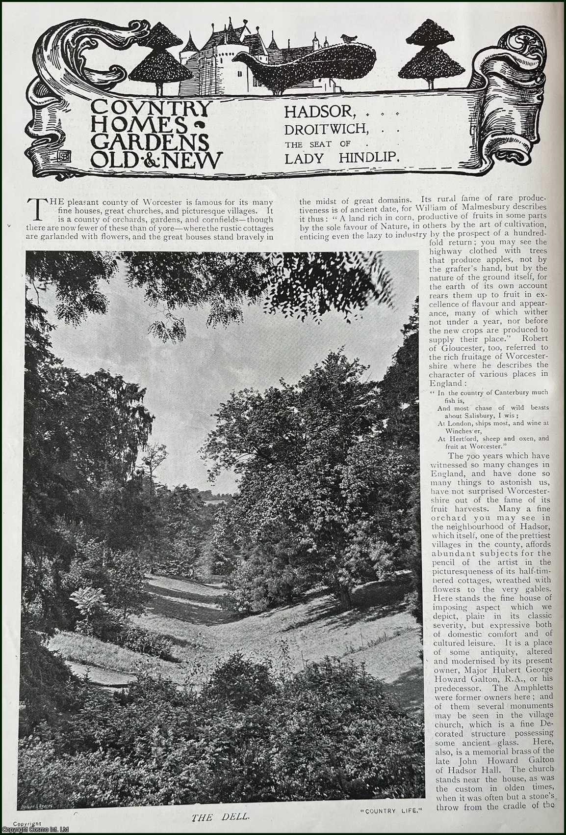 Country Life Magazine - Hadsor, Droitwich. The Seat of Lady Hindlip. Several pictures and accompanying text, removed from an original issue of Country Life Magazine, 1901.