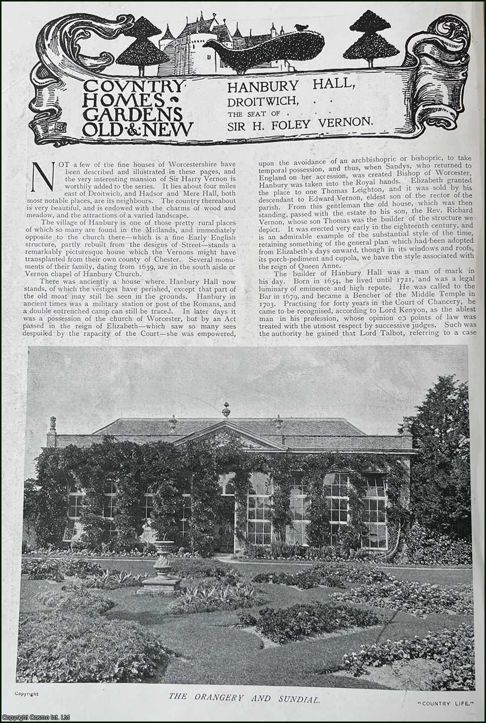 Country Life Magazine - Hanbury Hall, Droitwich. Several pictures and accompanying text, removed from an original issue of Country Life Magazine, 1901.