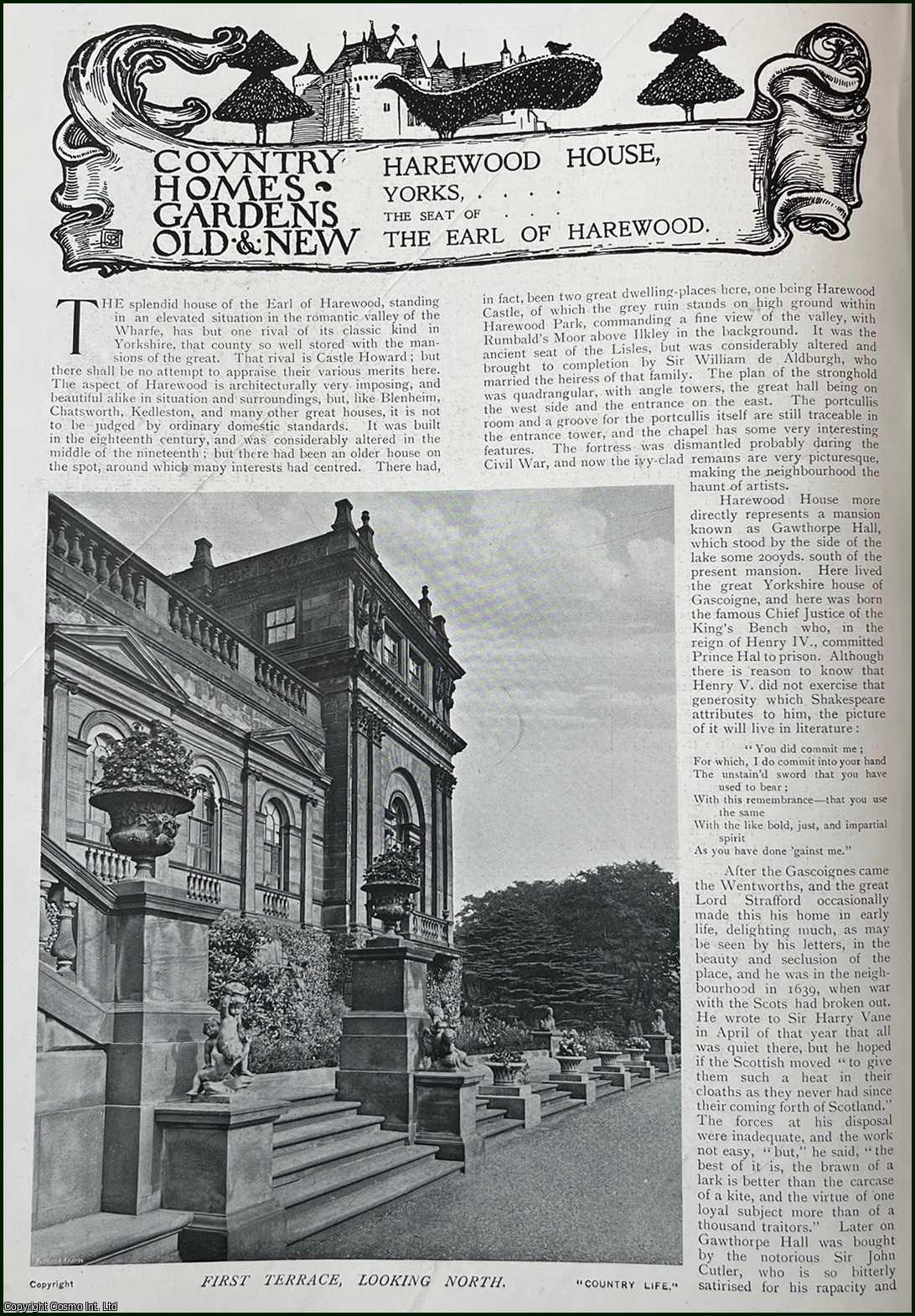 Country Life Magazine - Harewood House, Yorks. The Seat of The Earl of Harewood. Several pictures and accompanying text, removed from an original issue of Country Life Magazine, 1901.