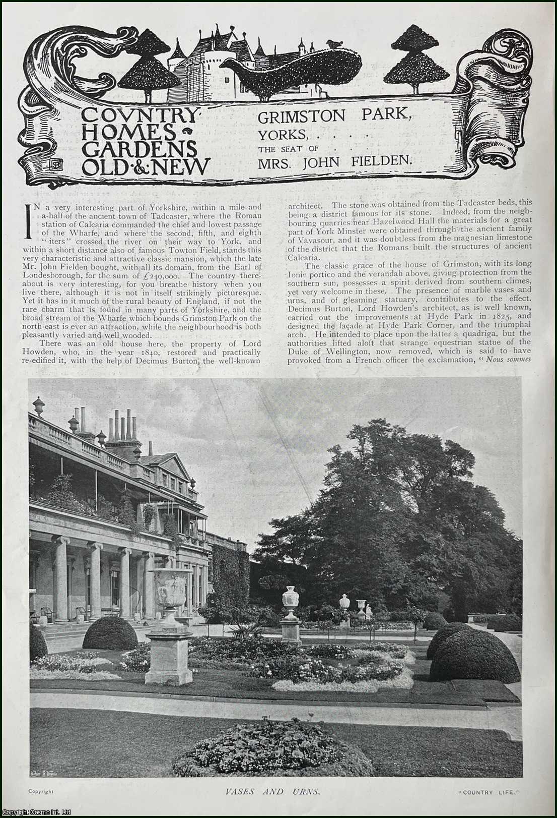 Country Life Magazine - Grimston Park, Yorks. The Seat of Mrs. John Fielden. Several pictures and accompanying text, removed from an original issue of Country Life Magazine, 1901.