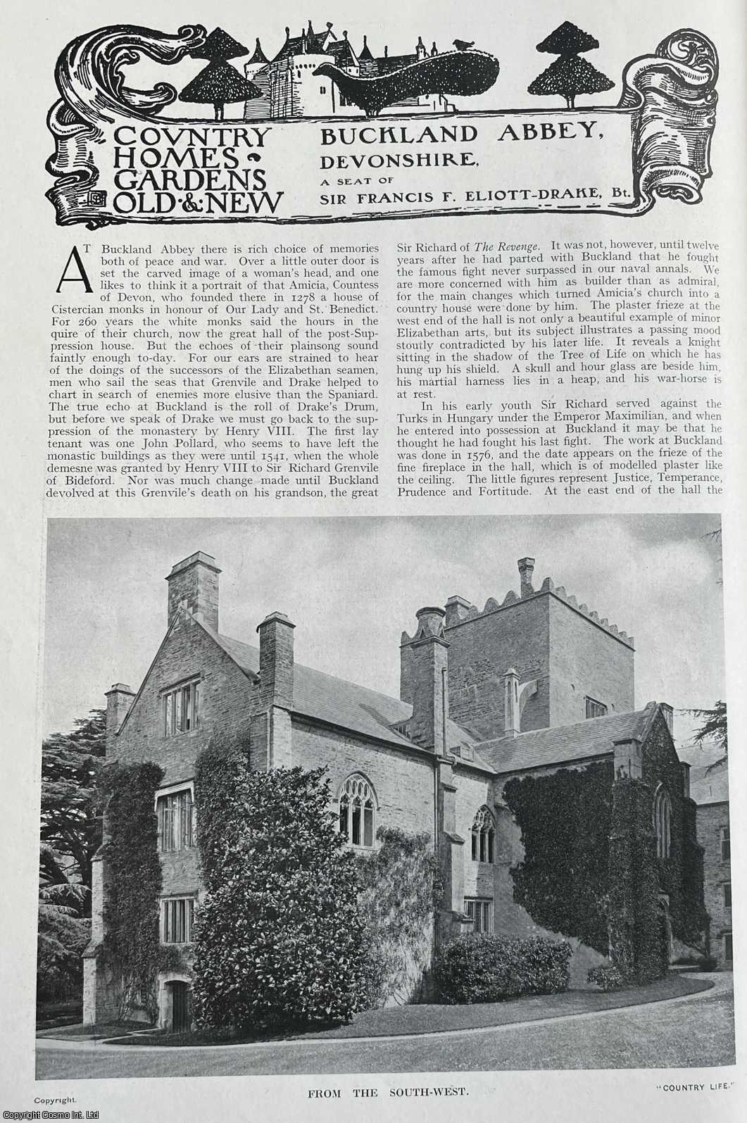Country Life Magazine - Buckland Abbey, Devonshire. A Seat of Sir Francis F. Eliott-Drake, Bt. Several pictures and accompanying text, removed from an original issue of Country Life Magazine, 1916.