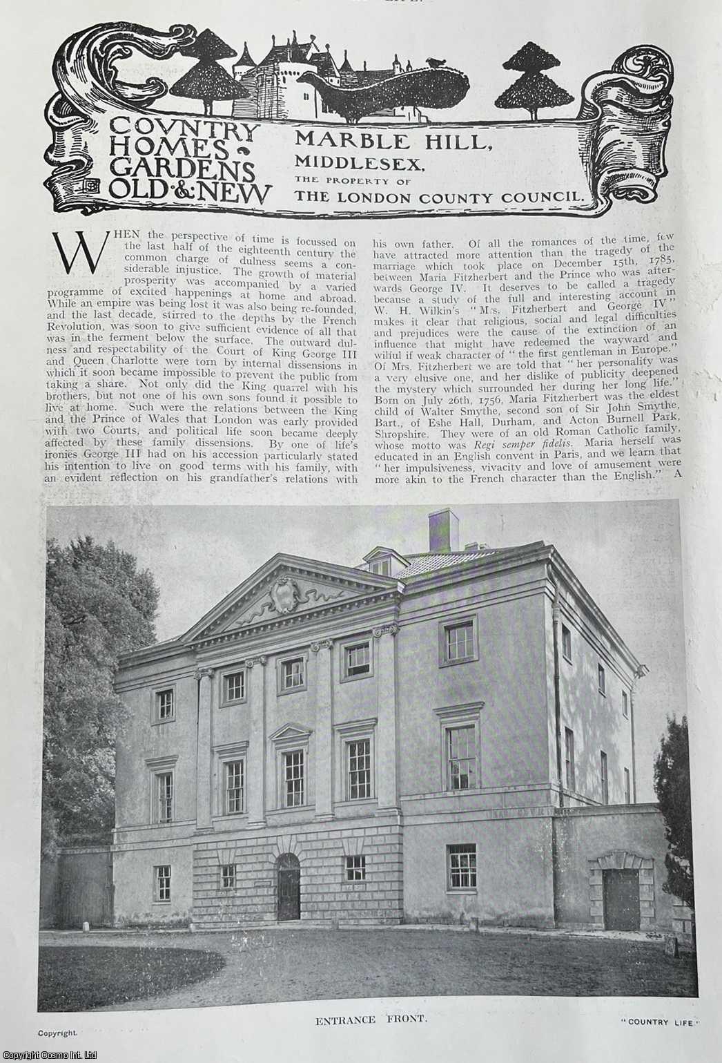 Country Life Magazine - Marble Hill, Middlesex. Several pictures and accompanying text, removed from an original issue of Country Life Magazine, 1916.